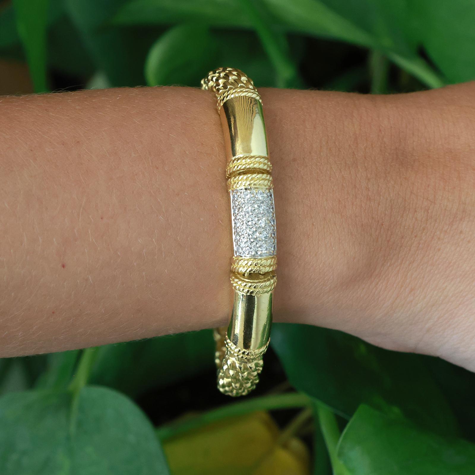 18K Gold Diamond Bracelet 6.75” Cassis Heavy Two Tone Rope Link 0.50CTW Cluster