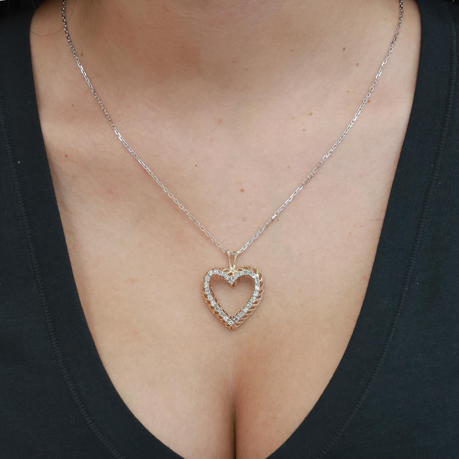 14K Two Tone Gold Diamond Heart Pendant Necklace 0.65CTW Italy 18" Chain