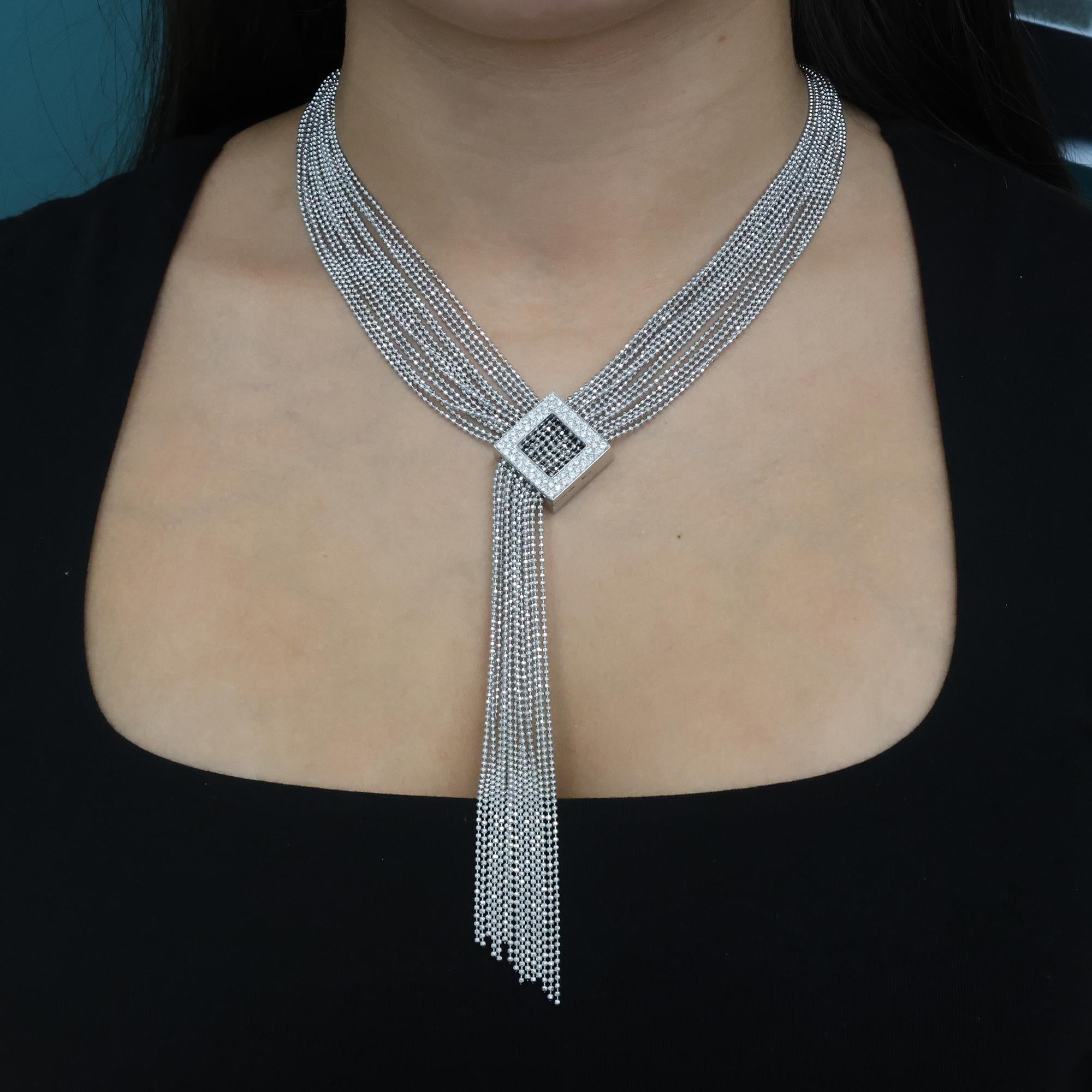 LEGNAZZI 18K White Gold Diamond Tassel Necklace Ball Chain 1.20 TW 15-17"