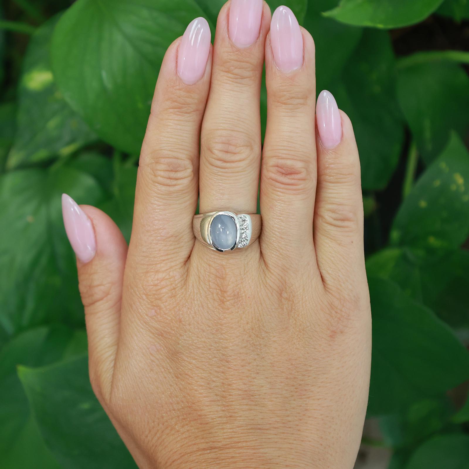 14K White Gold Blue Star Sapphire Diamond Signet Ring 3.80ctw Unisex Estate