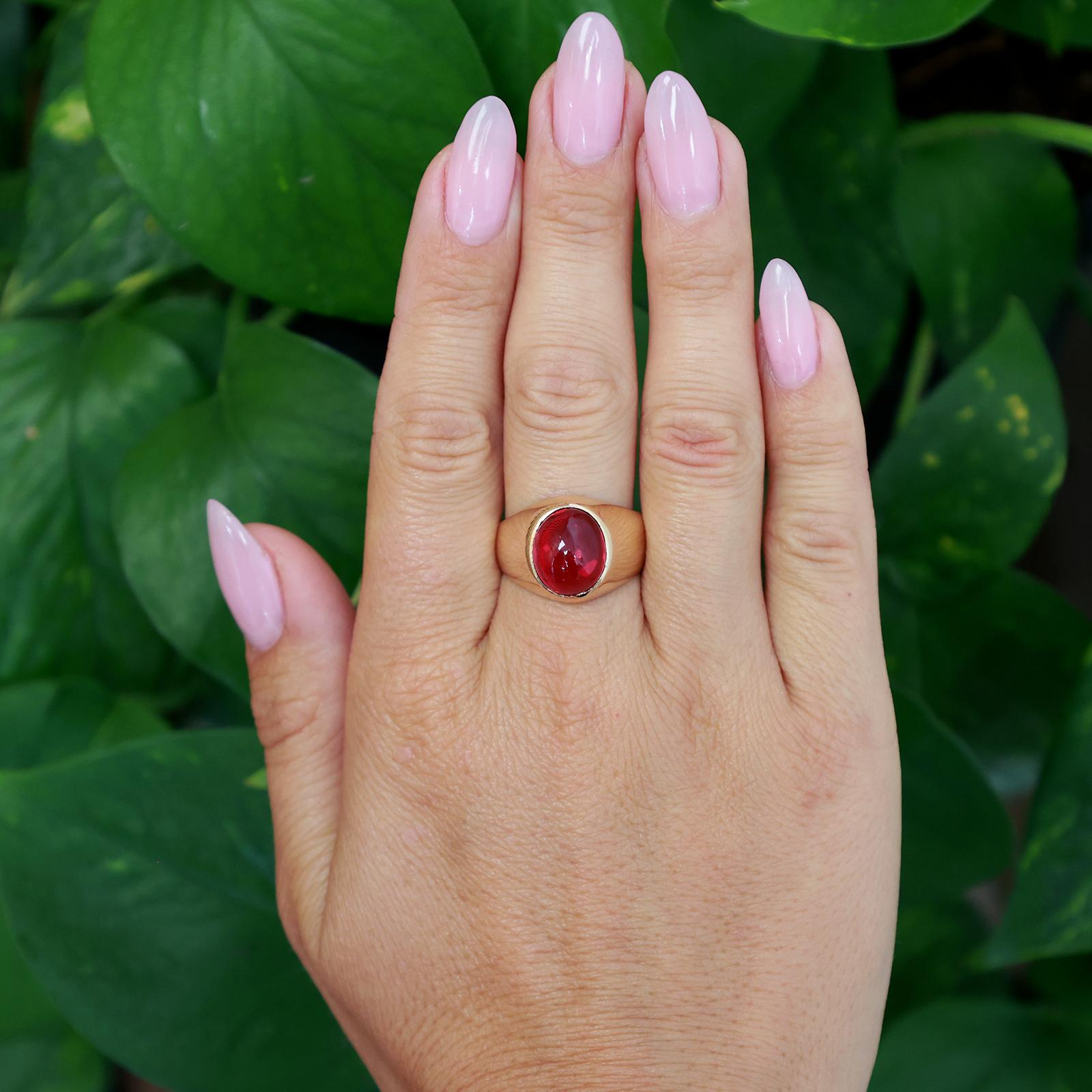 14K Yellow Gold 8.25CT Lab Grown Ruby Cabochon Signet Ring Unisex Size 9.25