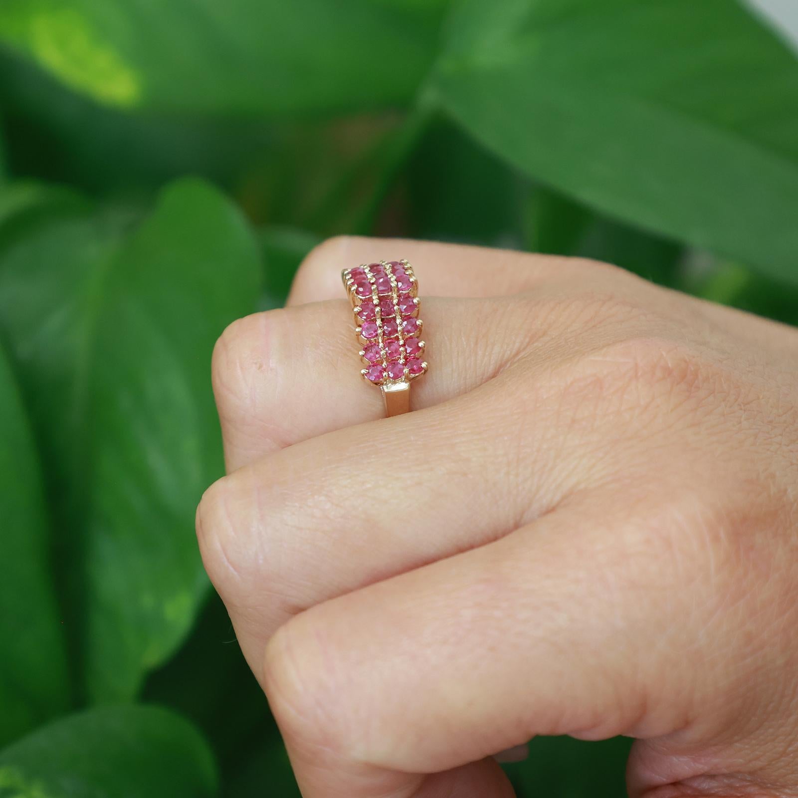 10K Yellow Gold 1.08CTW Natural Ruby 3-Row Cluster Cocktail Ring Size 6