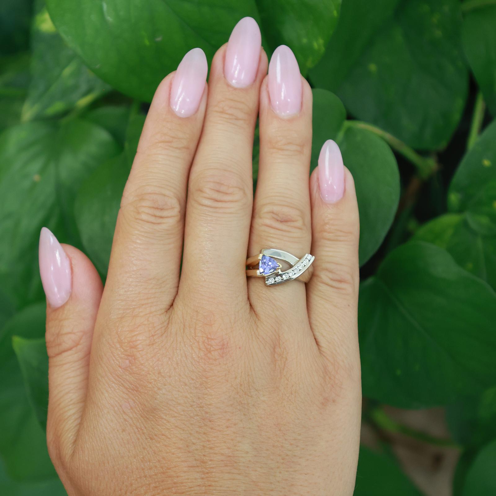 14K Two-Tone Gold Trillion Tanzanite Diamond Bypass Ring 0.65ctw Size 5.75