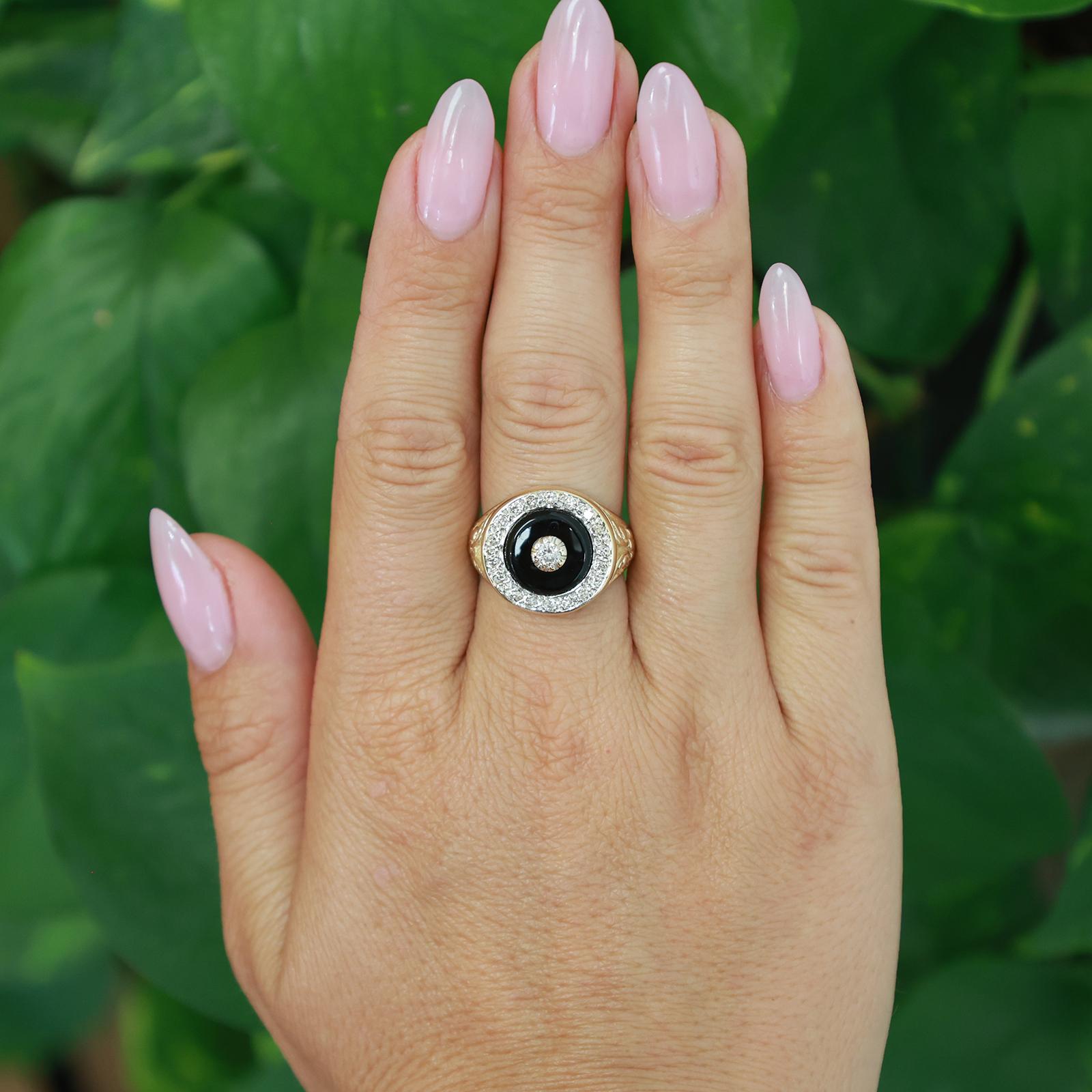 14K Two-Tone Gold Black Onyx Diamond Halo Scroll Signet Ring Sz 7.25