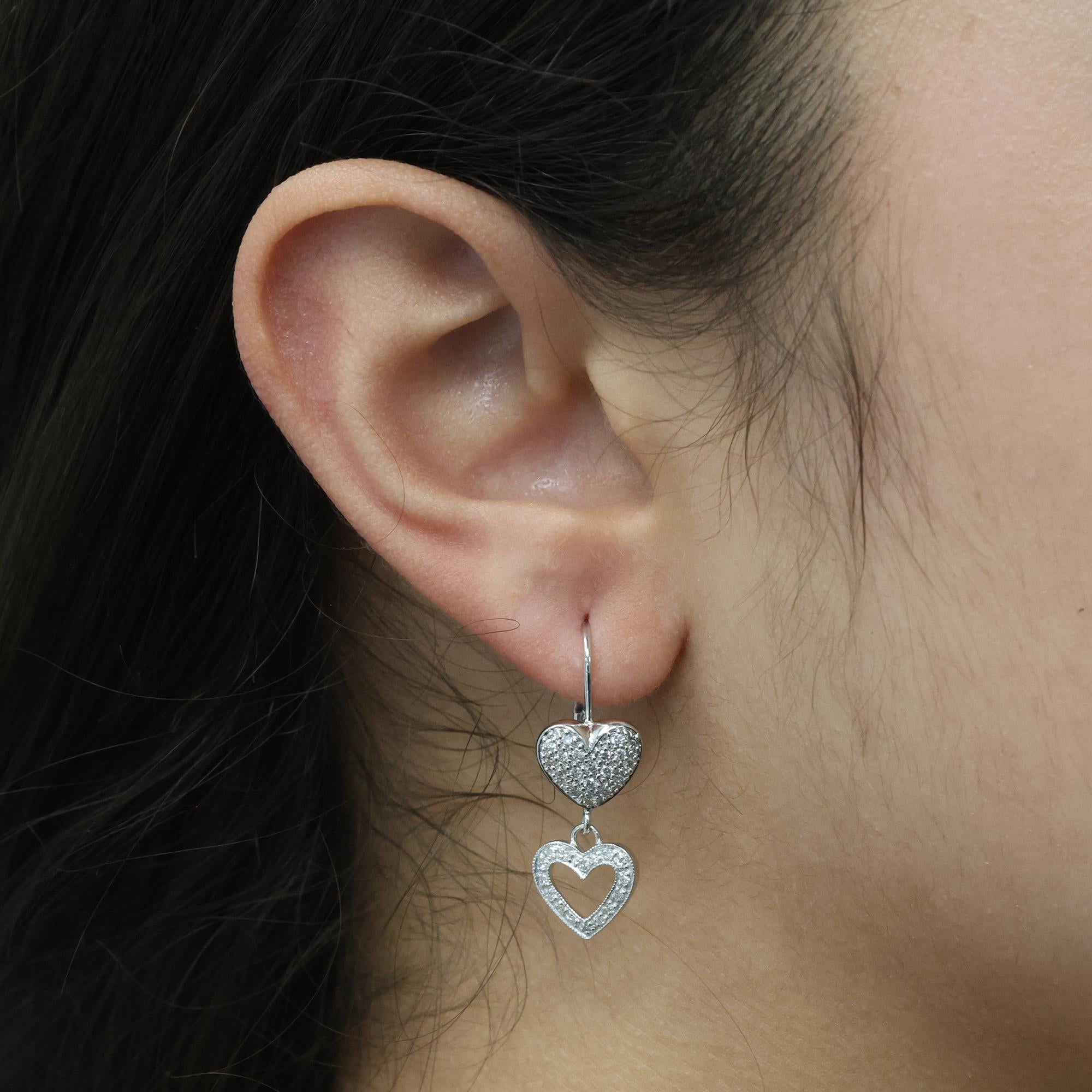 Diamond Heart Drop Dangle Earrings 14K White Gold 0.70 TW 1.15" Ladies Girls