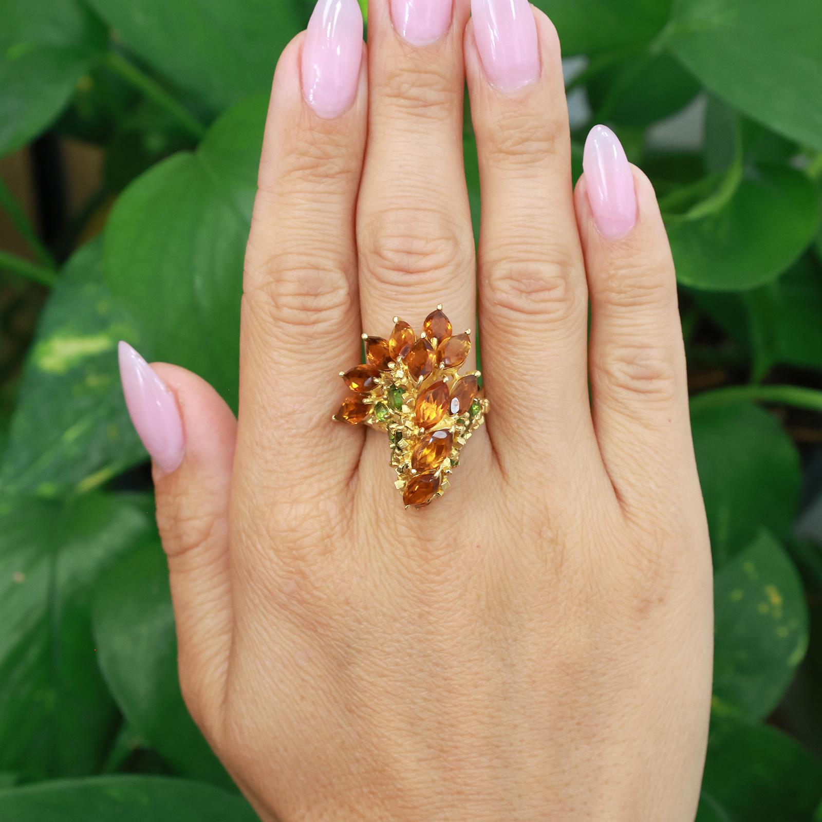 18K Yellow Gold 5.70CTW Citrine Peridot Floral Cluster Cocktail Statement Ring