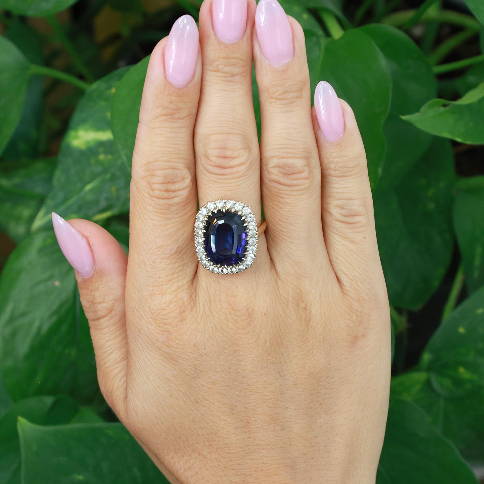 Two-Tone Gold 13.50CT Lab Grown Blue Sapphire and 1.44CT Quartz Halo Ring Sz 7.5