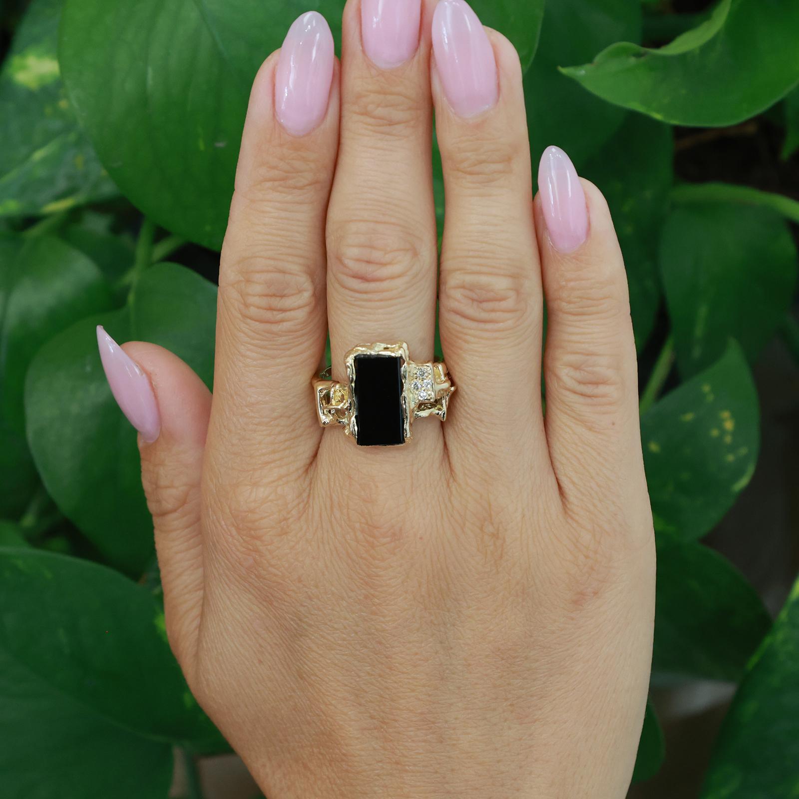 14K Yellow Gold Black Onyx Diamond Brutalist Ring Mens Estate Size 9.75