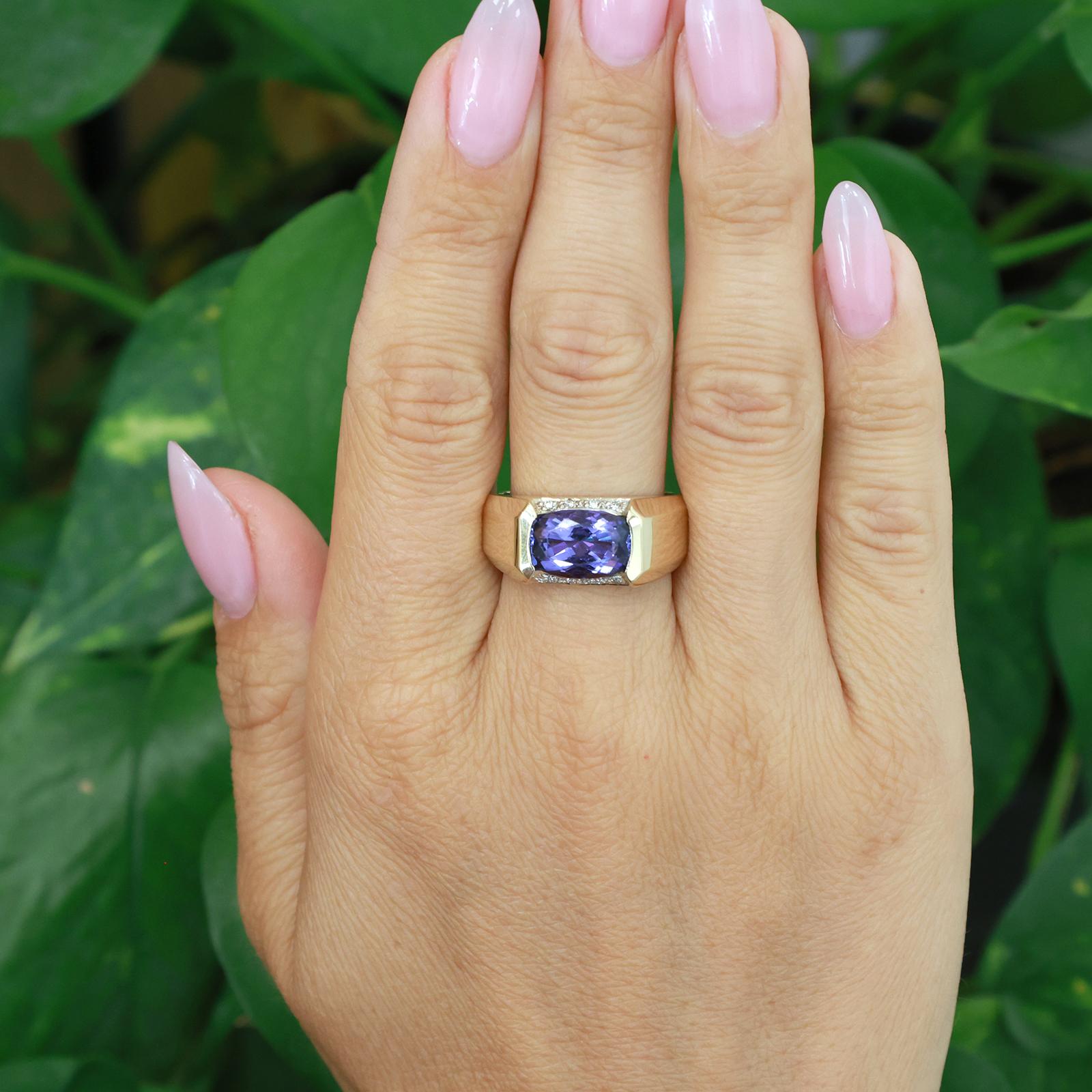 14K Yellow Gold 3.50CT Tanzanite Diamond Ring Cushion Cut Unisex Estate Sz 10.5