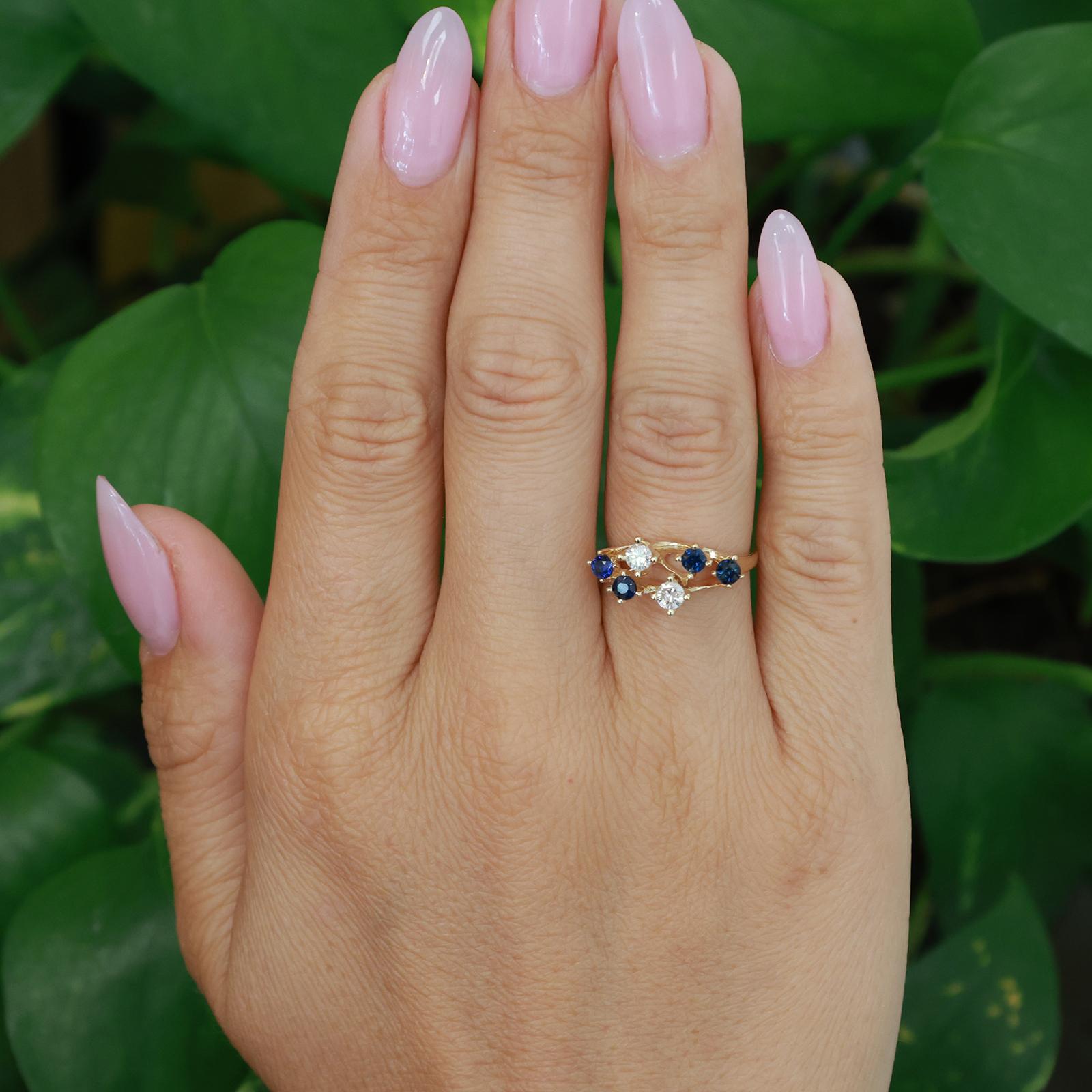 Blue Sapphire Diamond Openwork Yellow Gold Ring Size 5.5