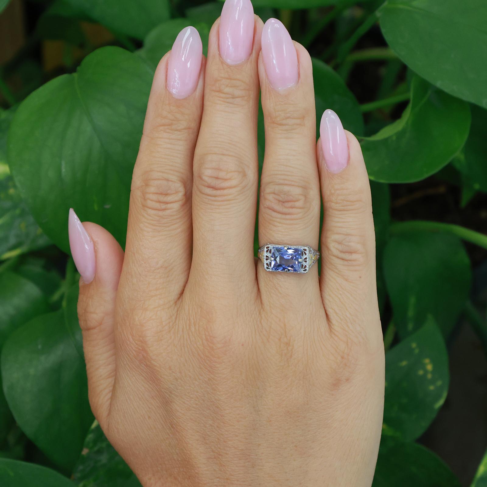 10K Two-Tone Gold 2.40CT Blue Lab Grown Sapphire Filigree Art Deco Style Ring