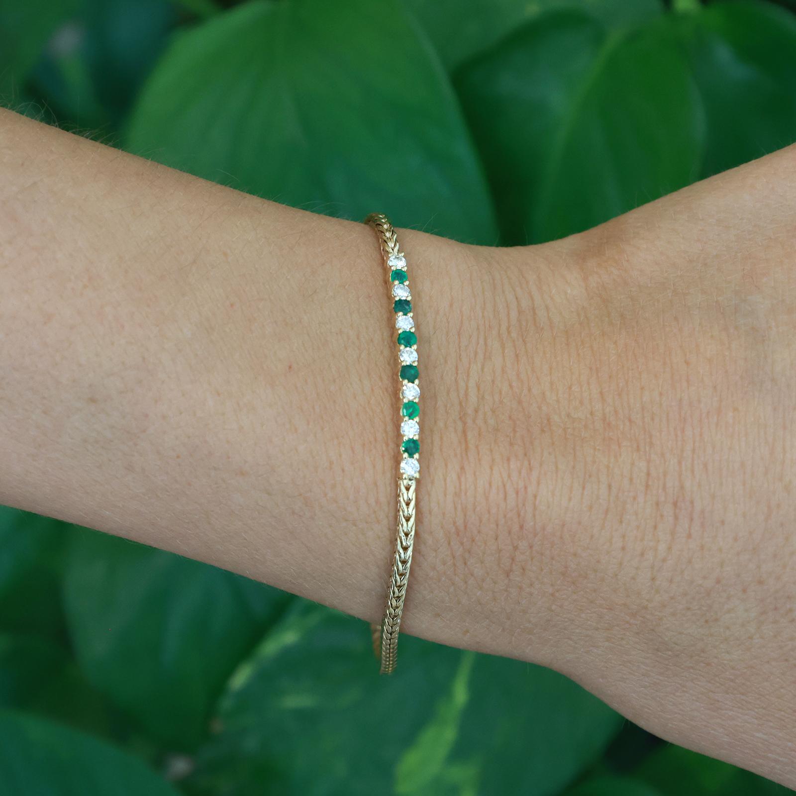14K Yellow Gold Emerald Diamond Spiga Bracelet 0.75CTW Estate 7”