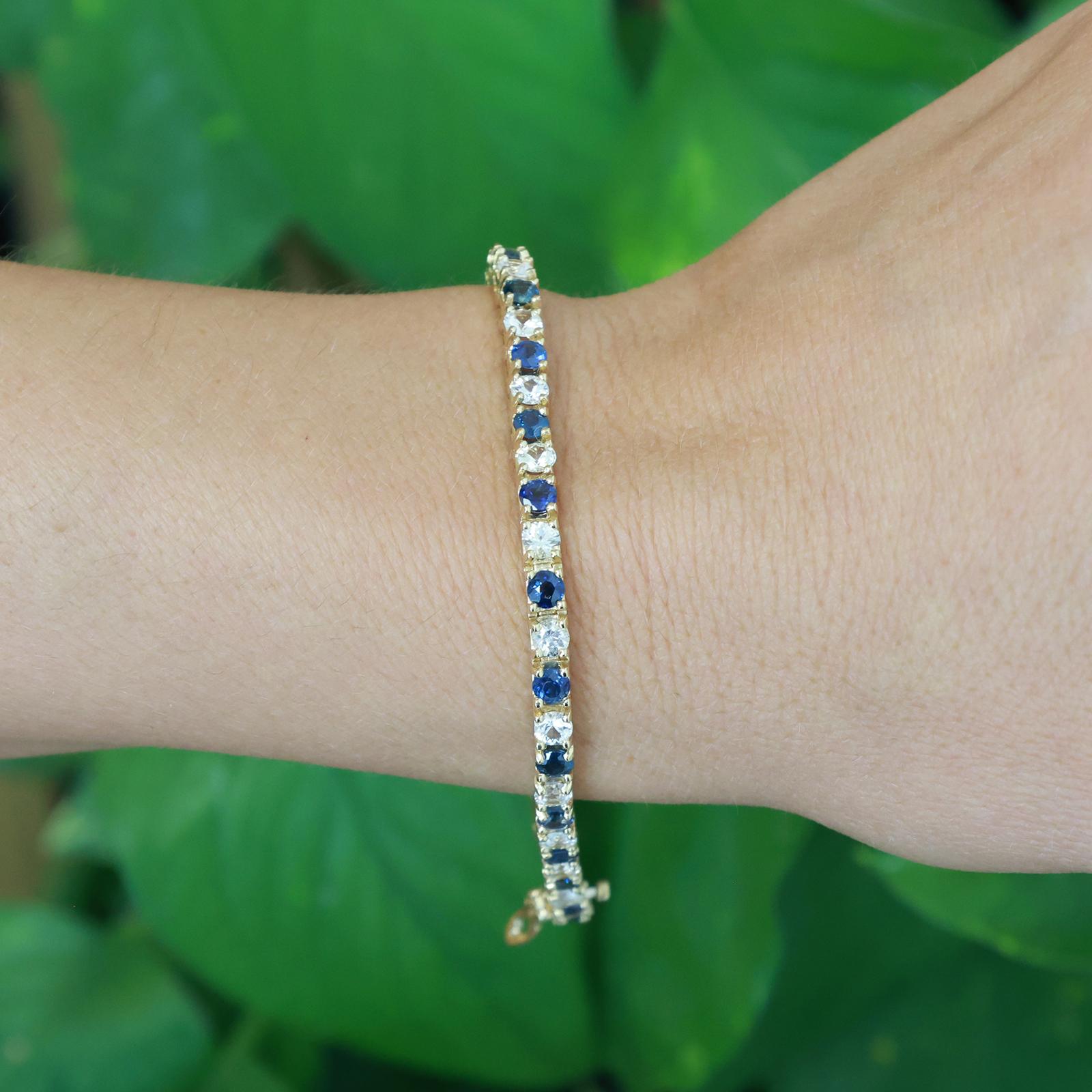 14K Yellow Gold 6.60CTW Blue And White Sapphire Tennis Bracelet 7.5" Estate
