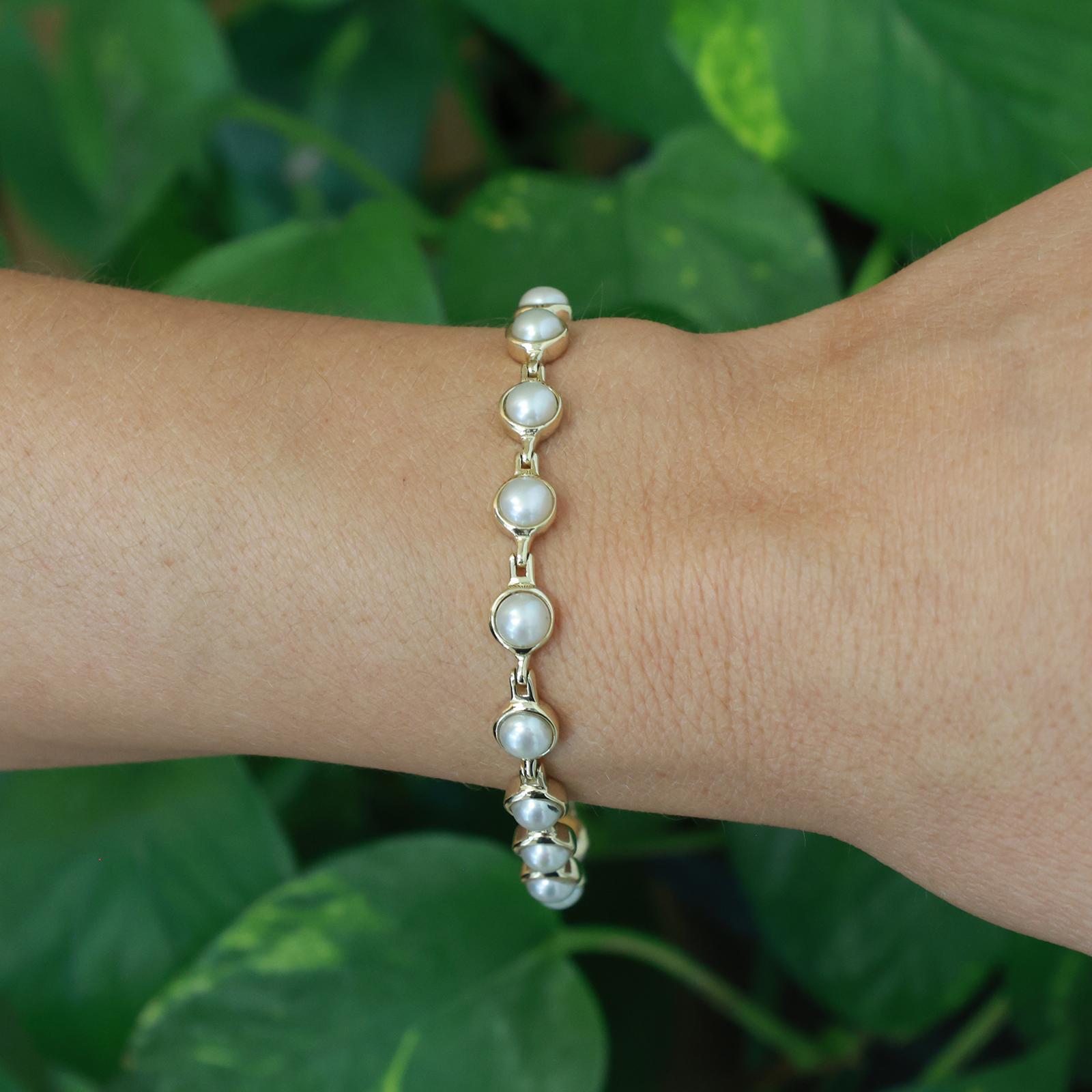 14K Yellow Gold Cultured Mabé Pearl Link Bracelet 15 Pearls 7.25" Estate