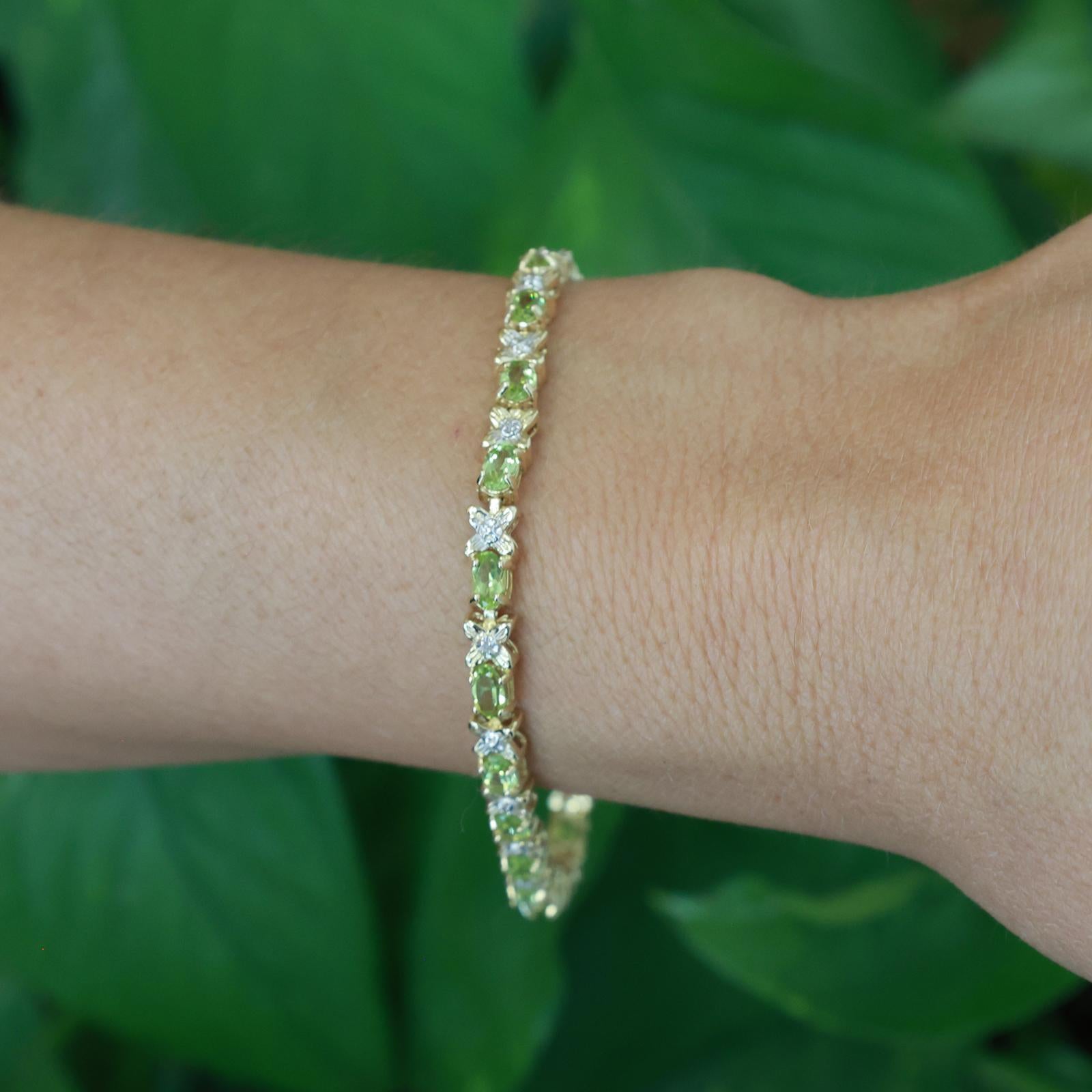 14K Two Tone Gold Peridot Diamond Tennis Bracelet 5.10CTW Floral X Link 7.25"