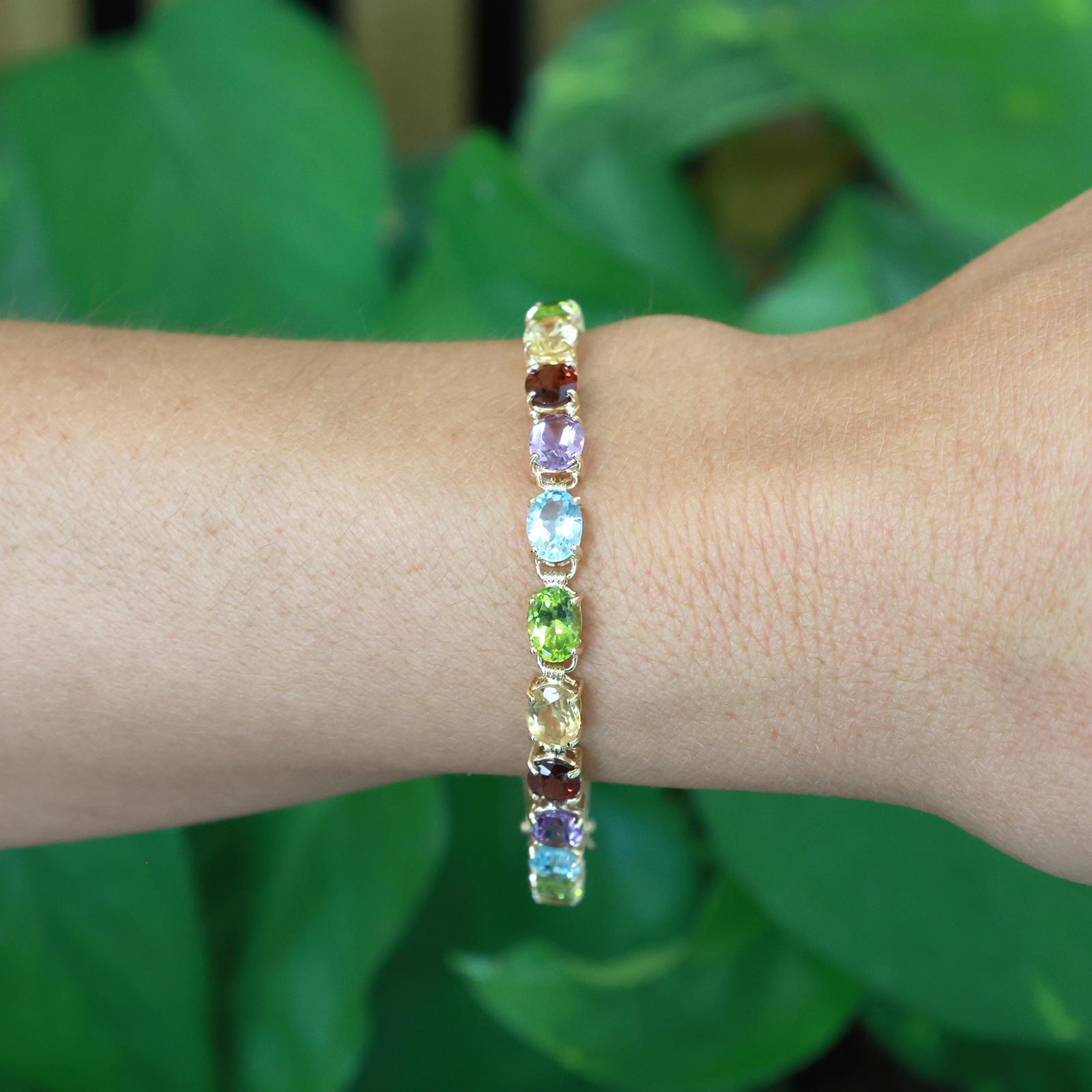 14K Gold Multi Gemstone Tennis Bracelet Citrine Garnet Amethyst Topaz Peridot 7"