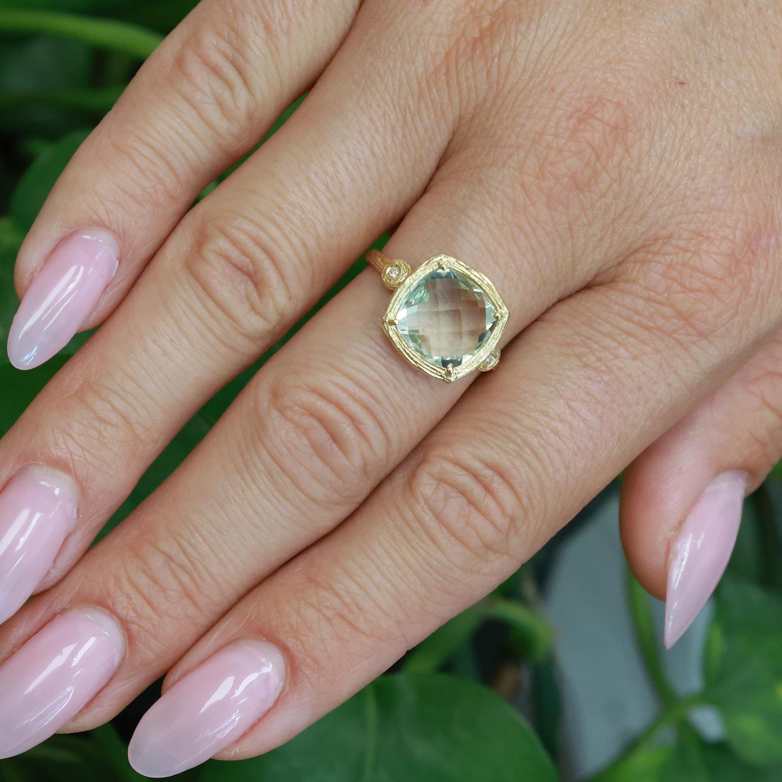 14K Gold 3.65CTW Solitaire Cushion Cut Green Prasiolite Diamond Ring Size 7.25