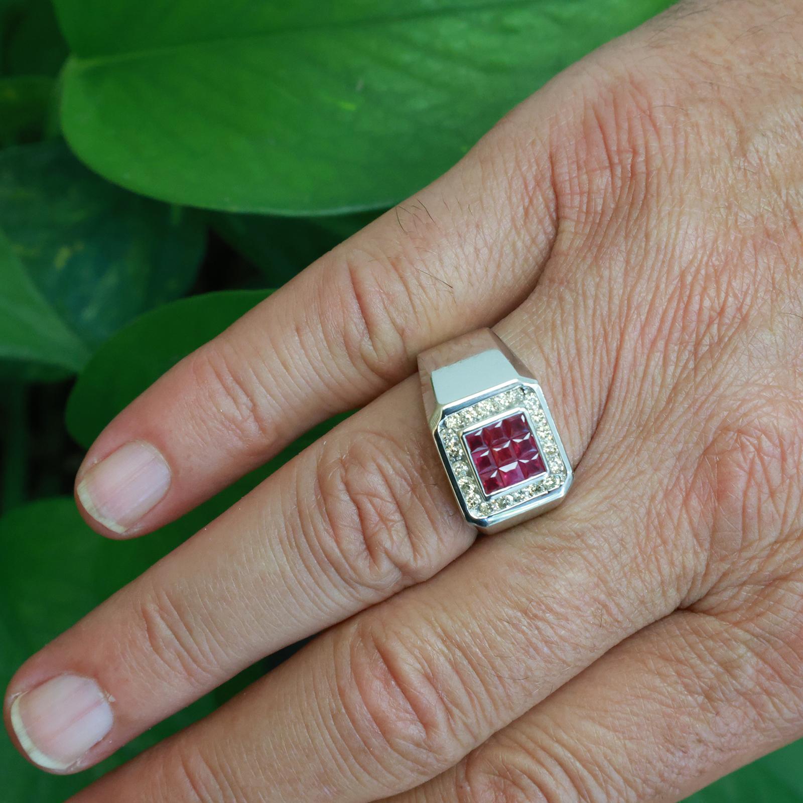 Estate White Gold Ruby Halo Diamond Men's Ring Size 11.5 13.0g