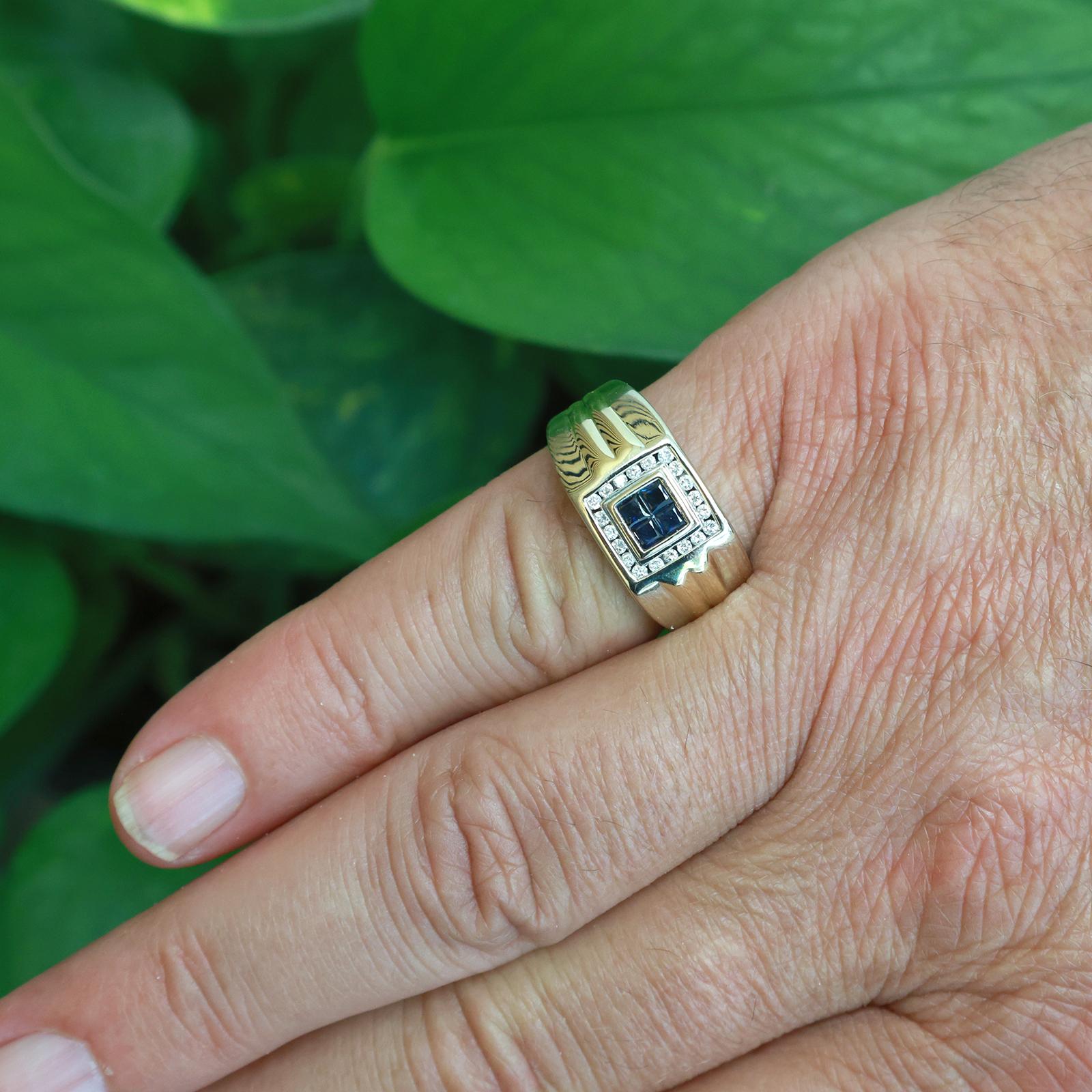 14K Two Tone Gold Sapphire Diamond Halo Men's Ring 0.46CTW Size 9.5 Estate