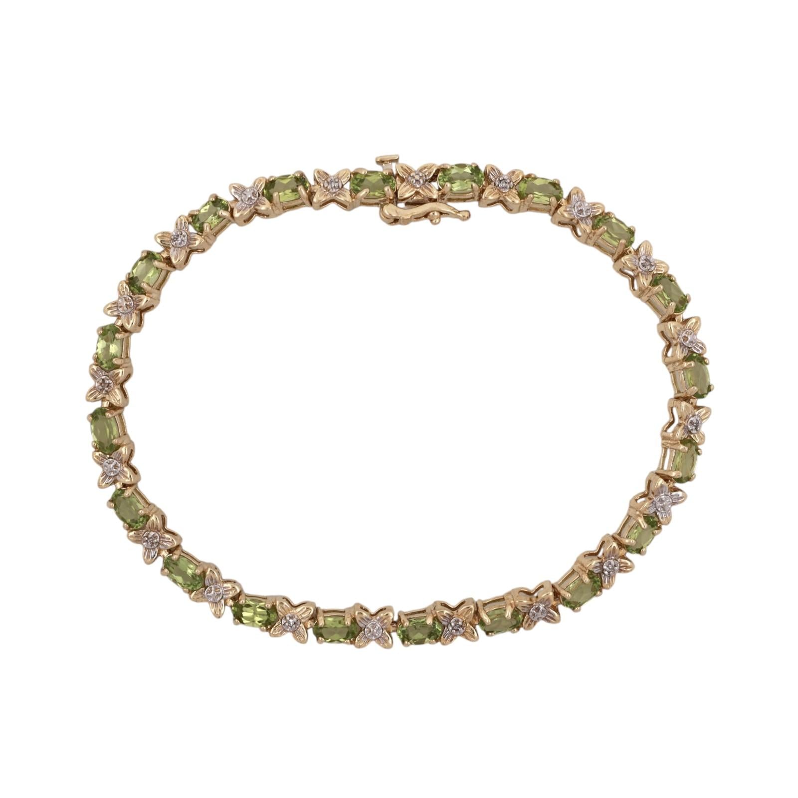 14K Two Tone Gold Peridot Diamond Tennis Bracelet 5.10CTW Floral X Link 7.25"