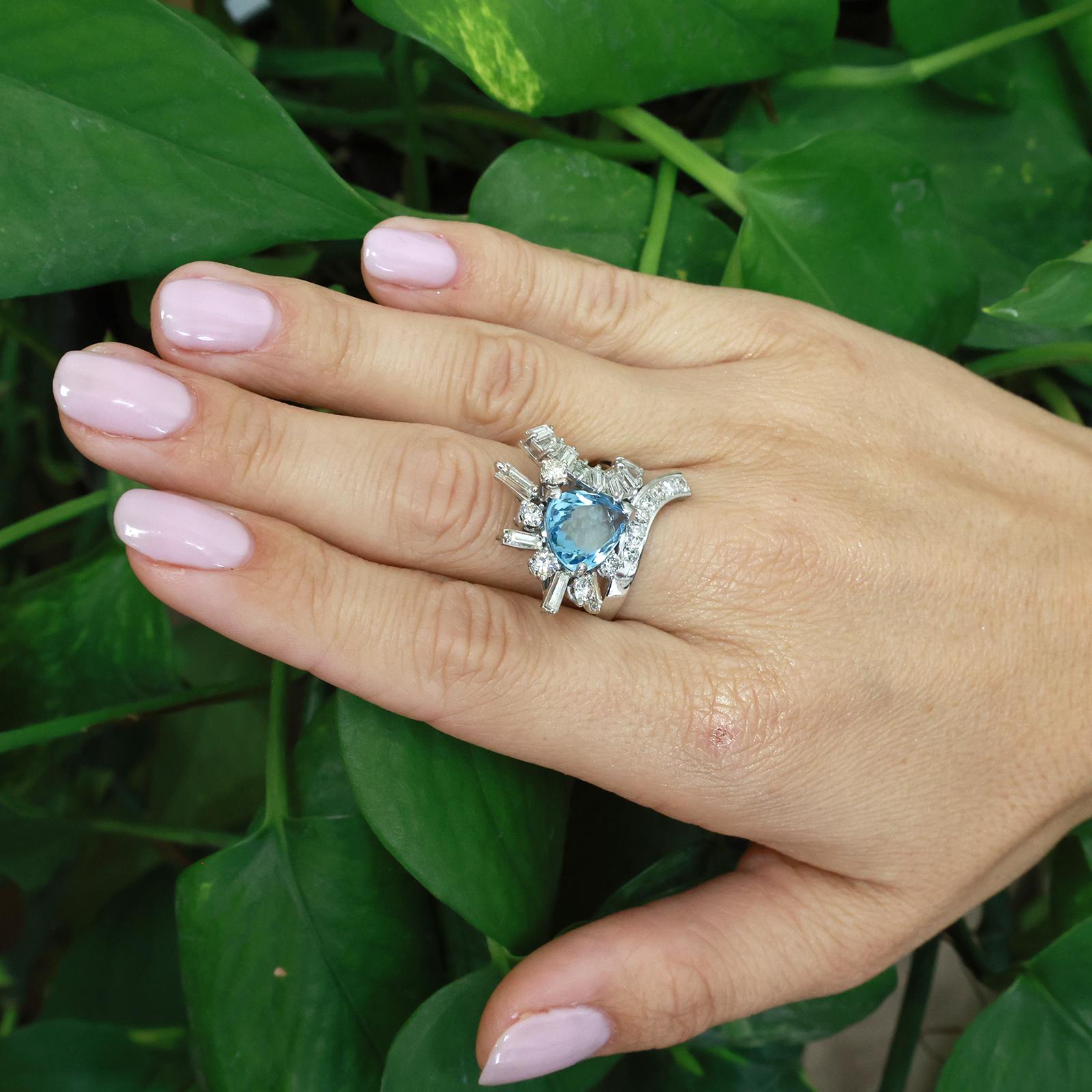 14K White Gold 4.80CT Aquamarine and 1.55CTW Diamond Cocktail Ring Size 9