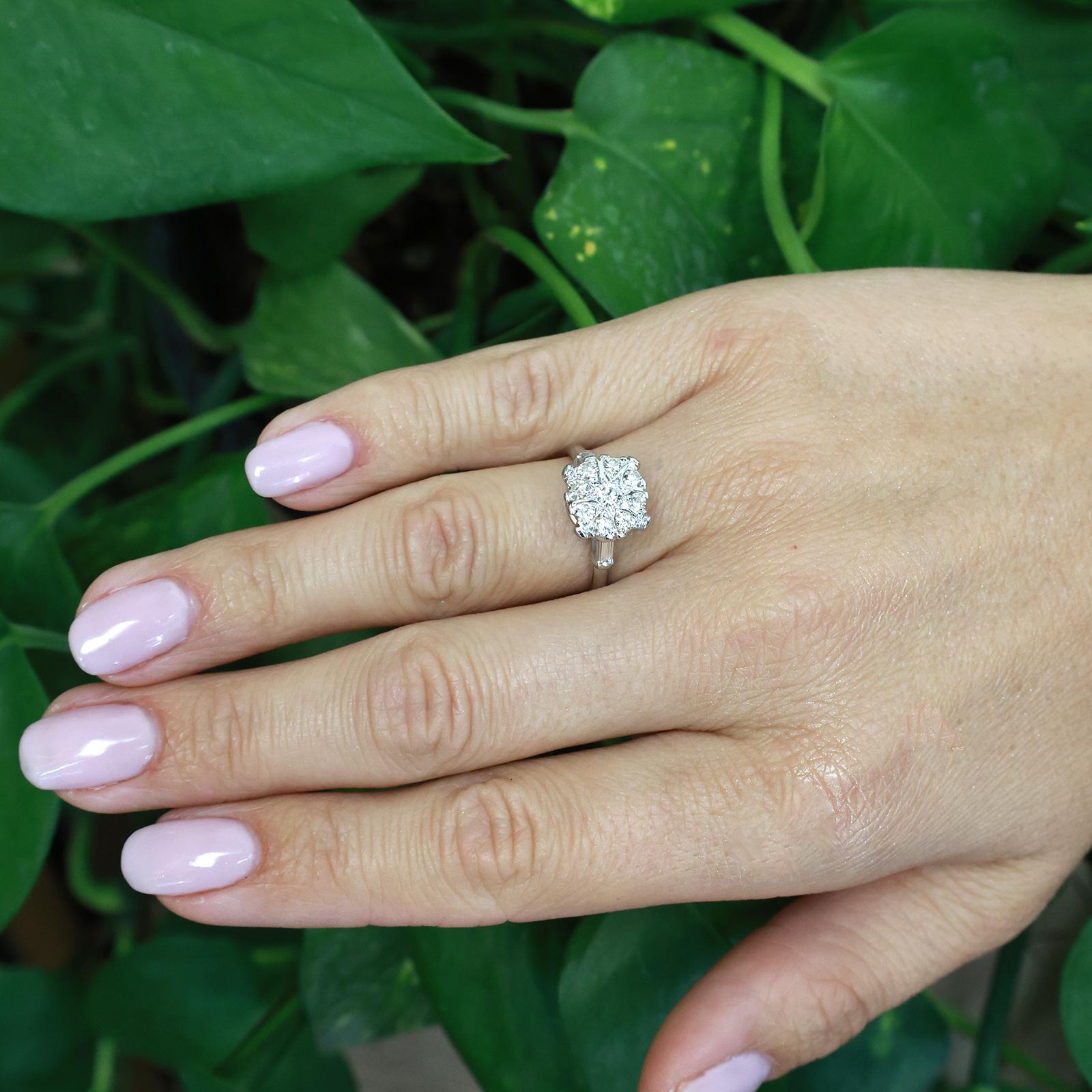 14K White Gold 0.70CTW Diamond Cluster Ring Baguette Accents Size 6.75