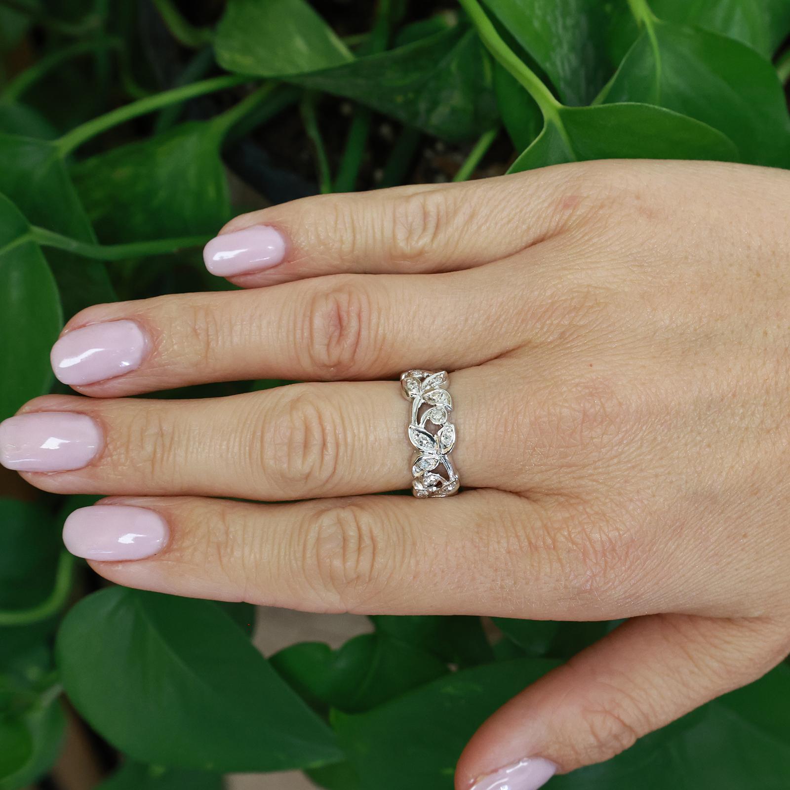 White Gold Diamond Leaf Vine Full Eternity Band Ring 0.50CTW Size 7.5