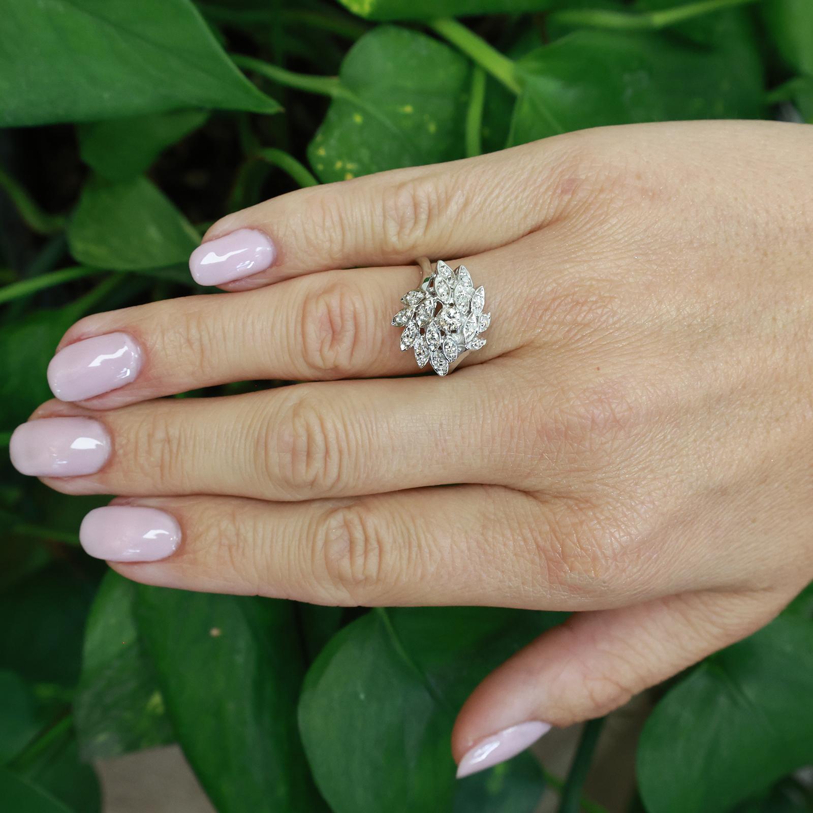 Vintage White Gold 0.50CTW Diamond Leaf Cluster Ring Size 6.5 Estate