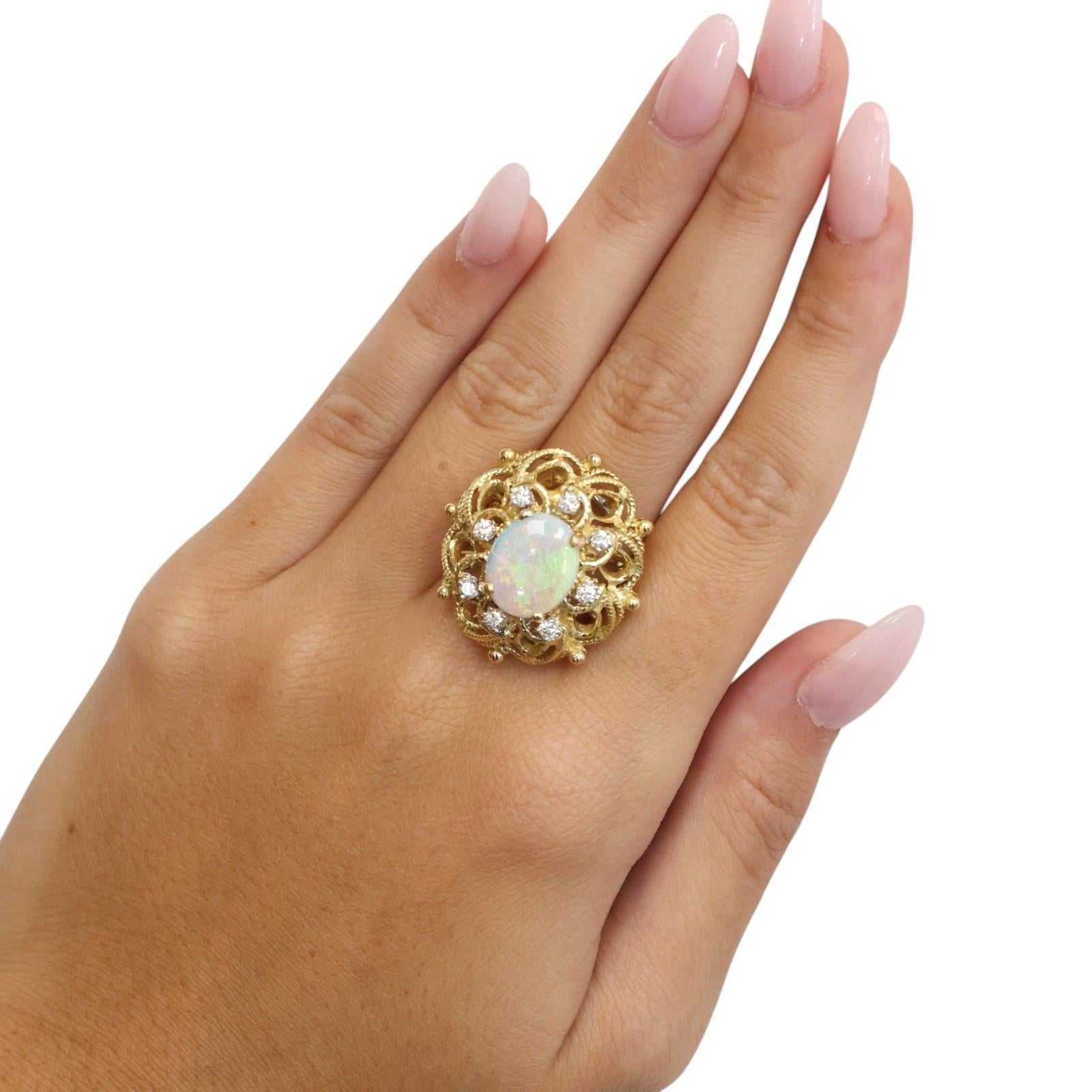14K Gold White Opal Diamond Ring 3.01CTW Vintage Cocktail Estate Size 6