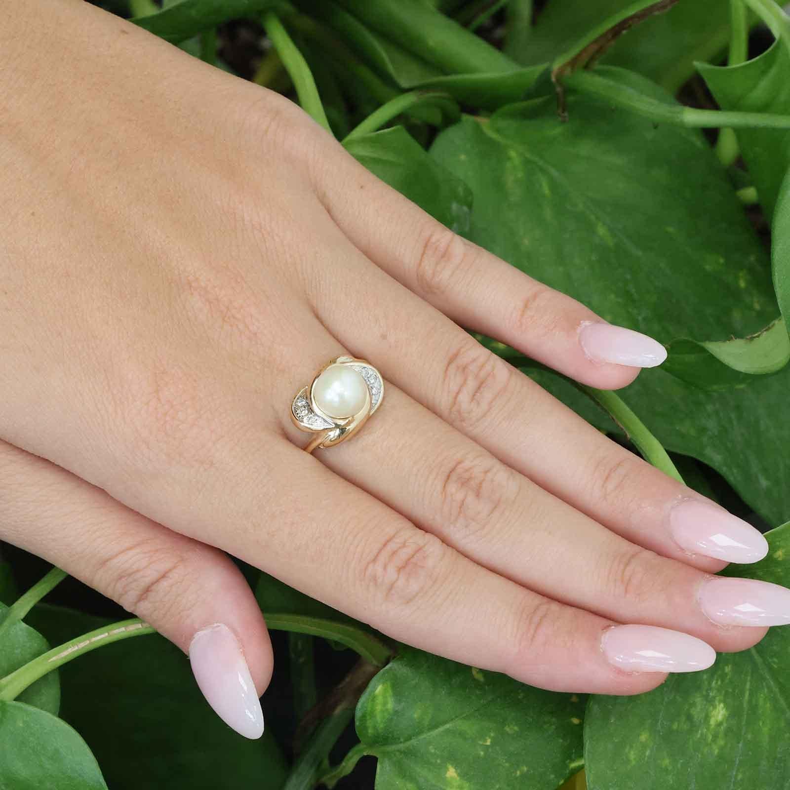 Akoya Pearl Diamond Bypass Ring 14K Two Tone Gold Vintage Size 6