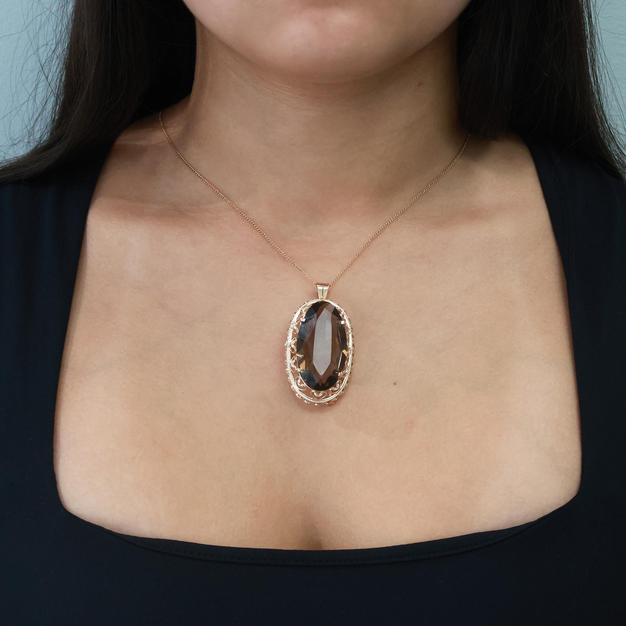 Vintage Smoky Quartz Pendant Brooch Pin 14K Yellow Gold 58CT Oval Gemstone 2.05"