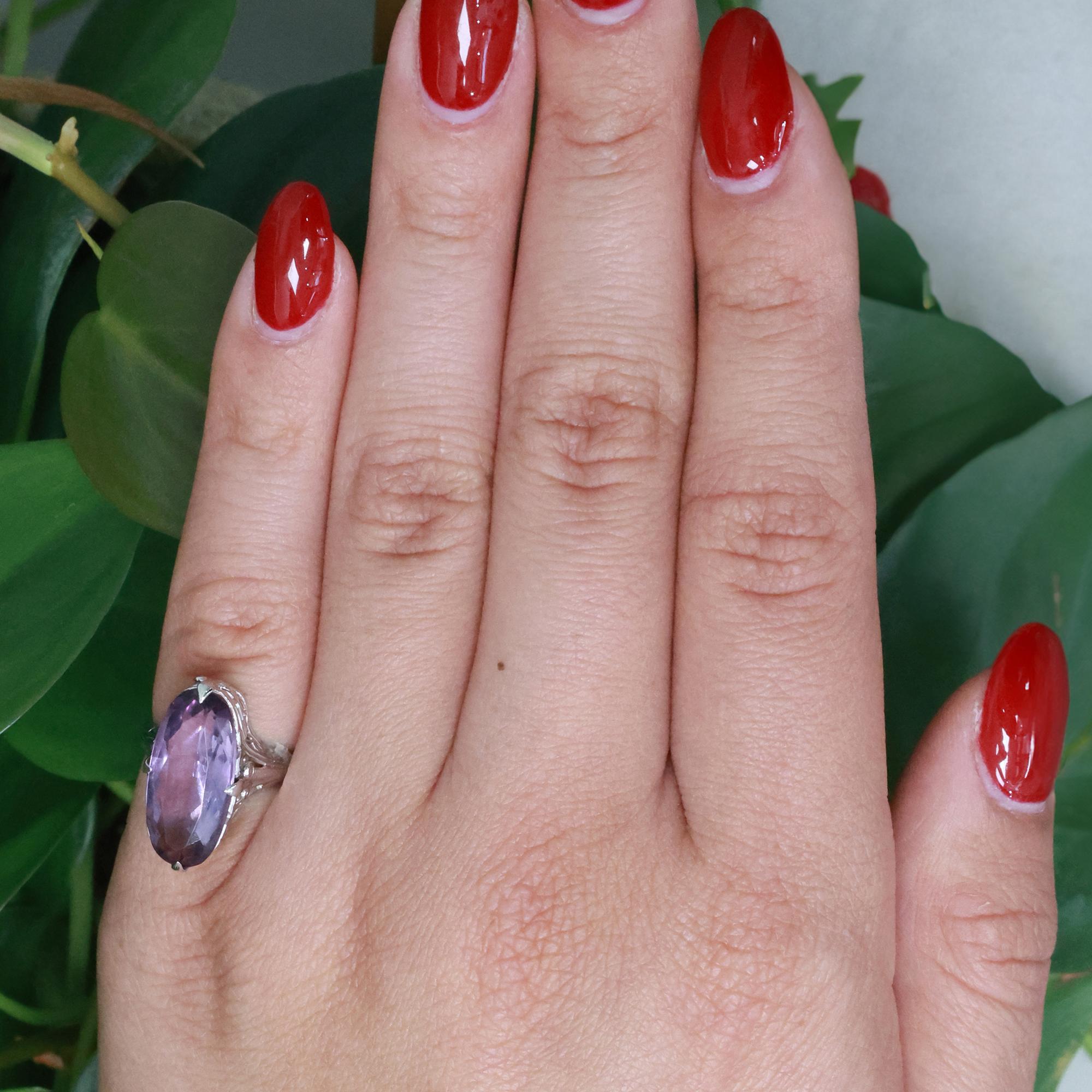 Vintage Solitaire Amethyst Filigree Ring 14K White Gold 4.75 CT Size 4 Ladies