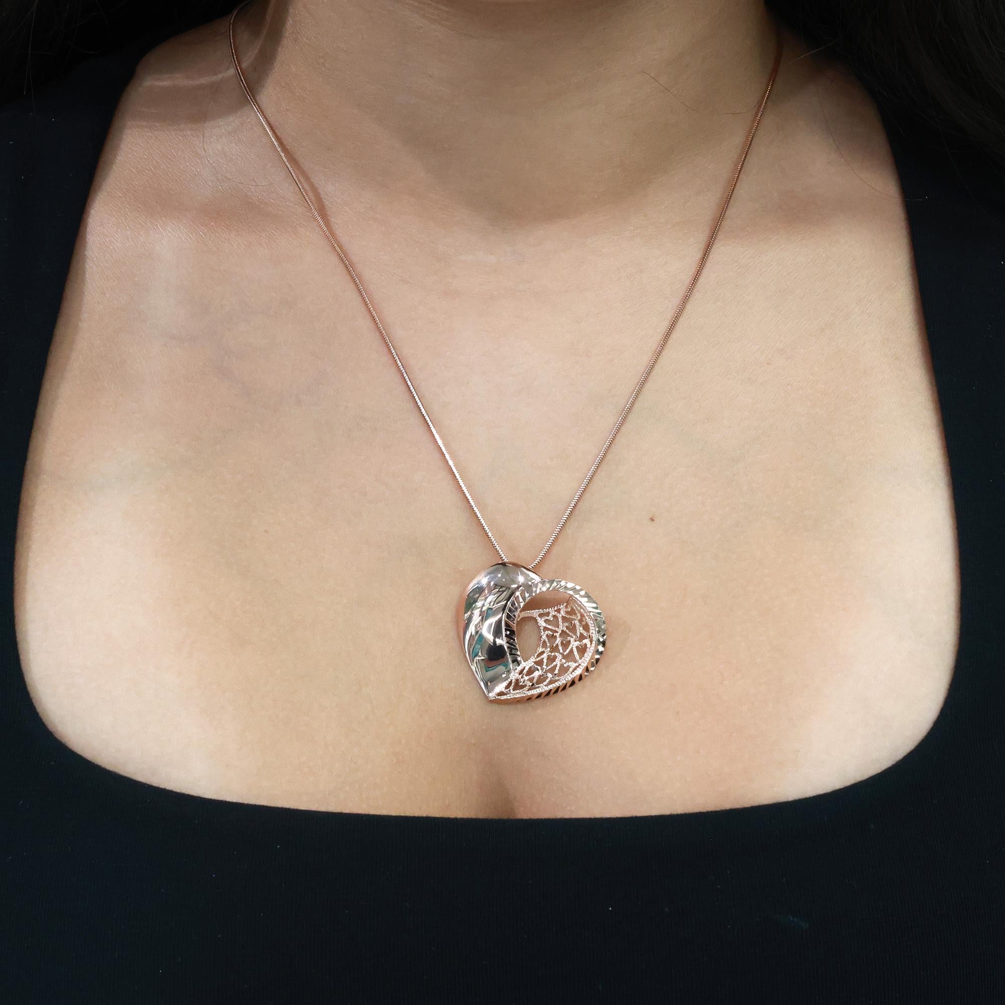 Filigree Heart Pendant Snake Chain Necklace 14K Rose Gold 3D 20" Ladies Estate