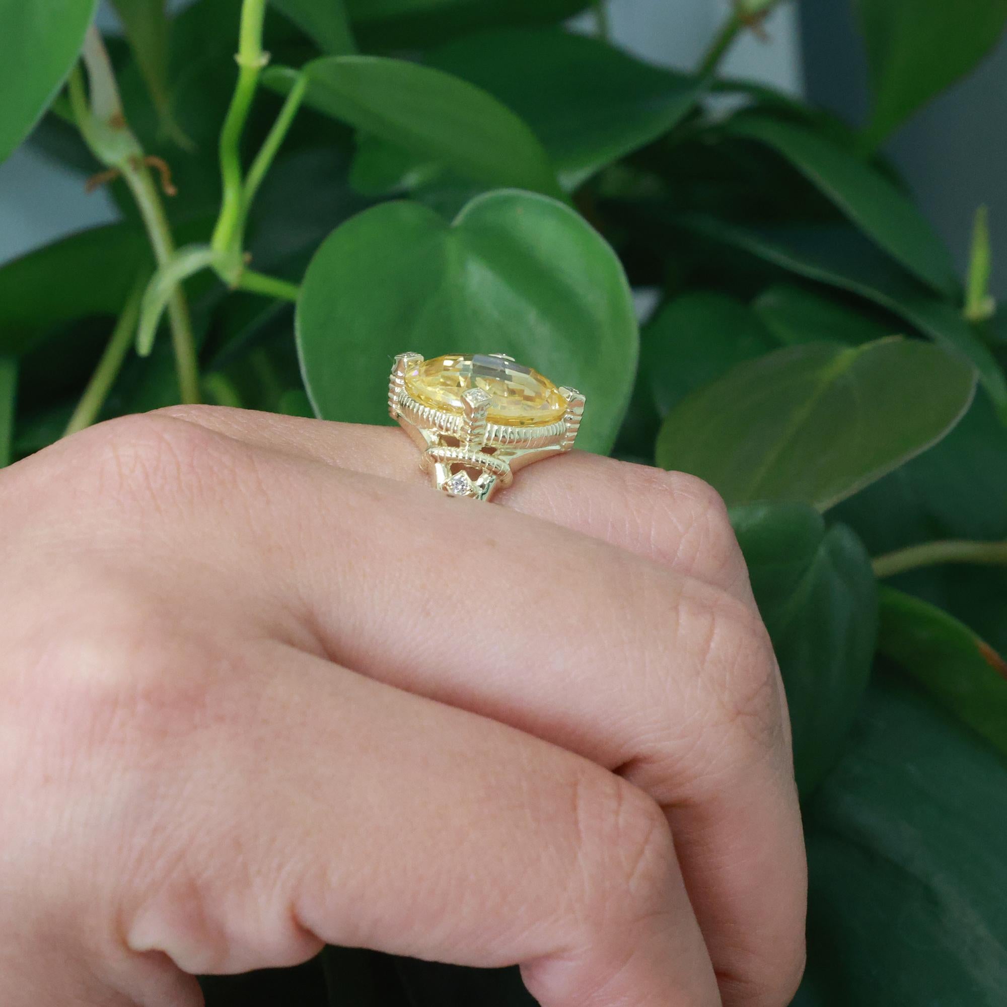 Judith Ripka Checkerboard Yellow Stone Diamond Ring 14K Yellow Gold Size 7