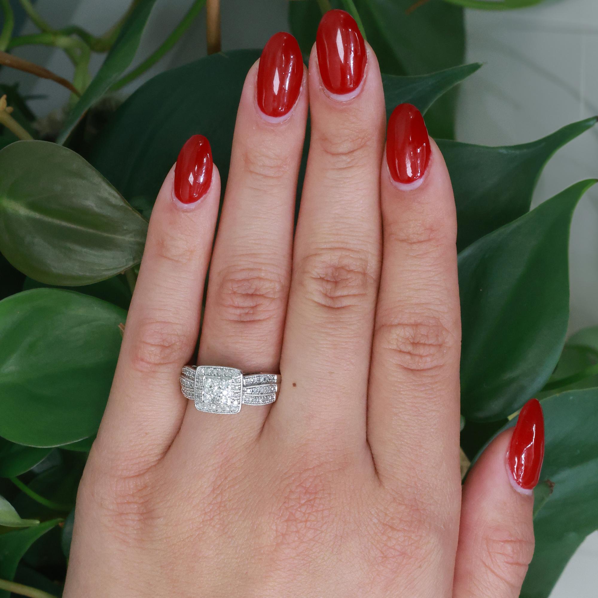 Square Cluster Diamond Halo Ring 10K White Gold 0.65 CTW Round Diamonds Size 8