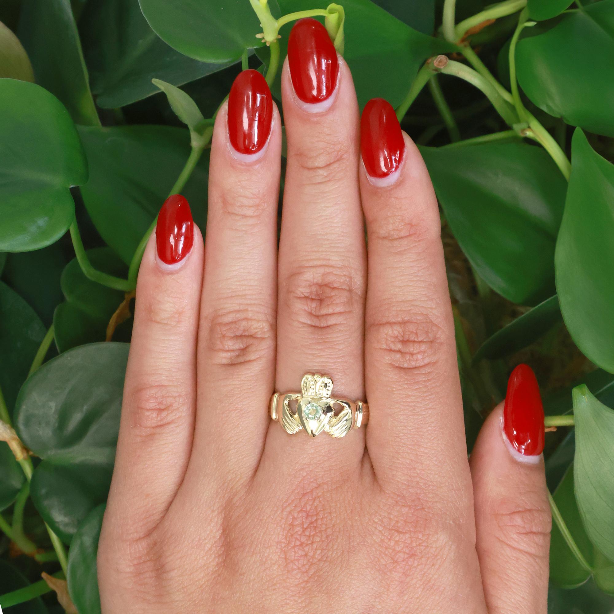 Claddagh Aquamarine Ring 14K Yellow Gold 0.12 CT Size 8.75 Vintage Estate