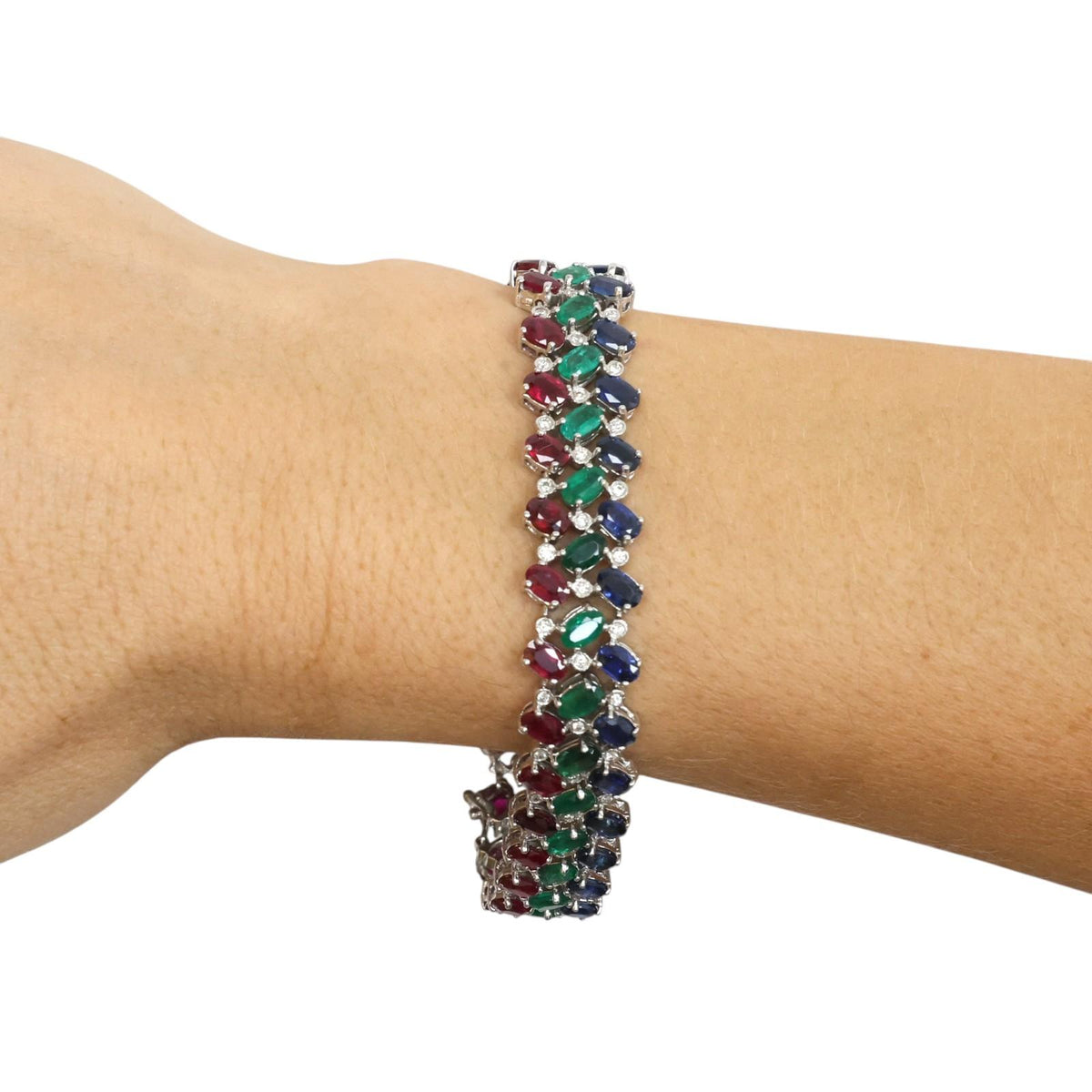 14K White Gold Ruby Emerald Sapphire Diamond Bracelet 24.72 CTW 7"