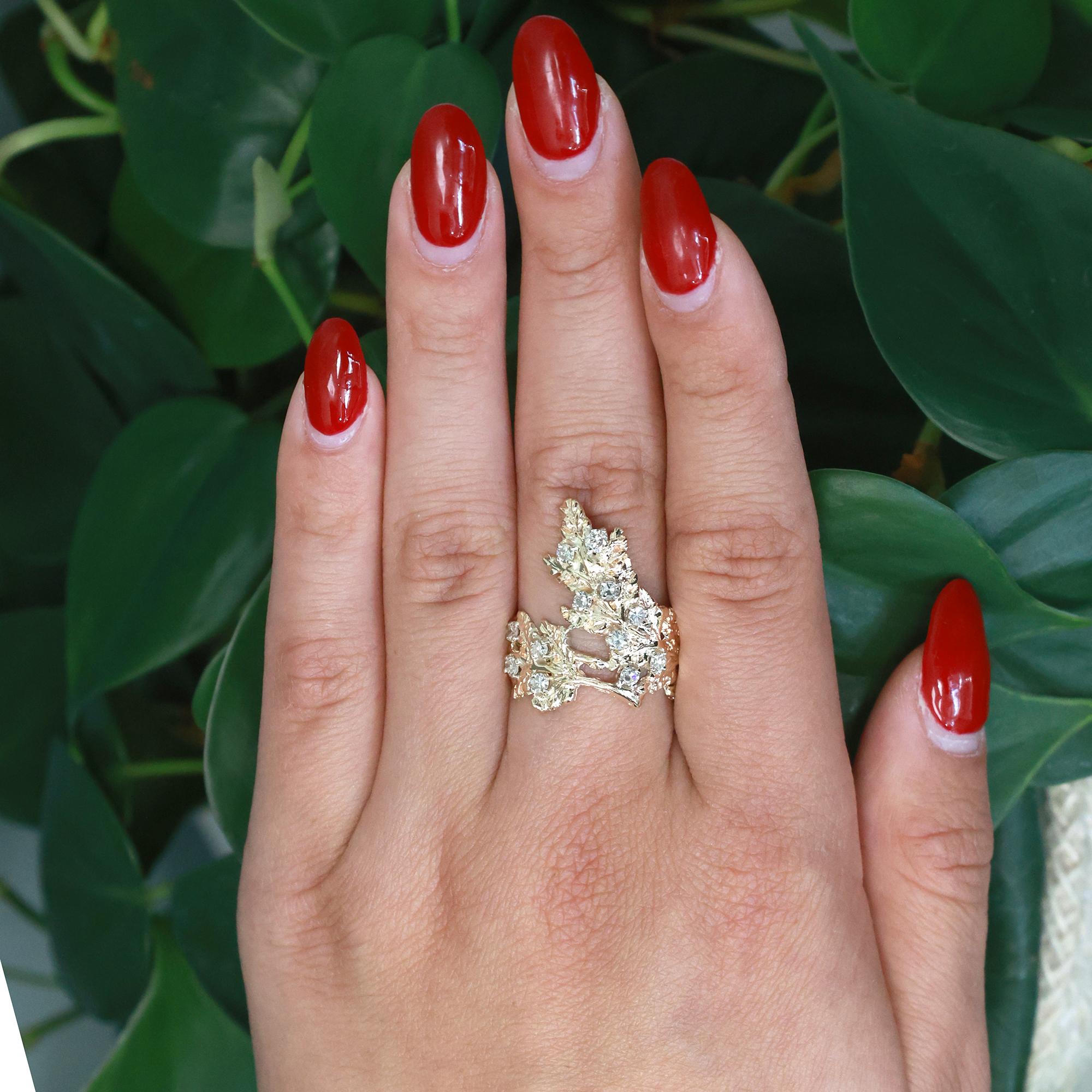 0.50 TW Diamond Leaf Wide Band Statement Ring 14K Yellow Gold Size 9.5 Ladies