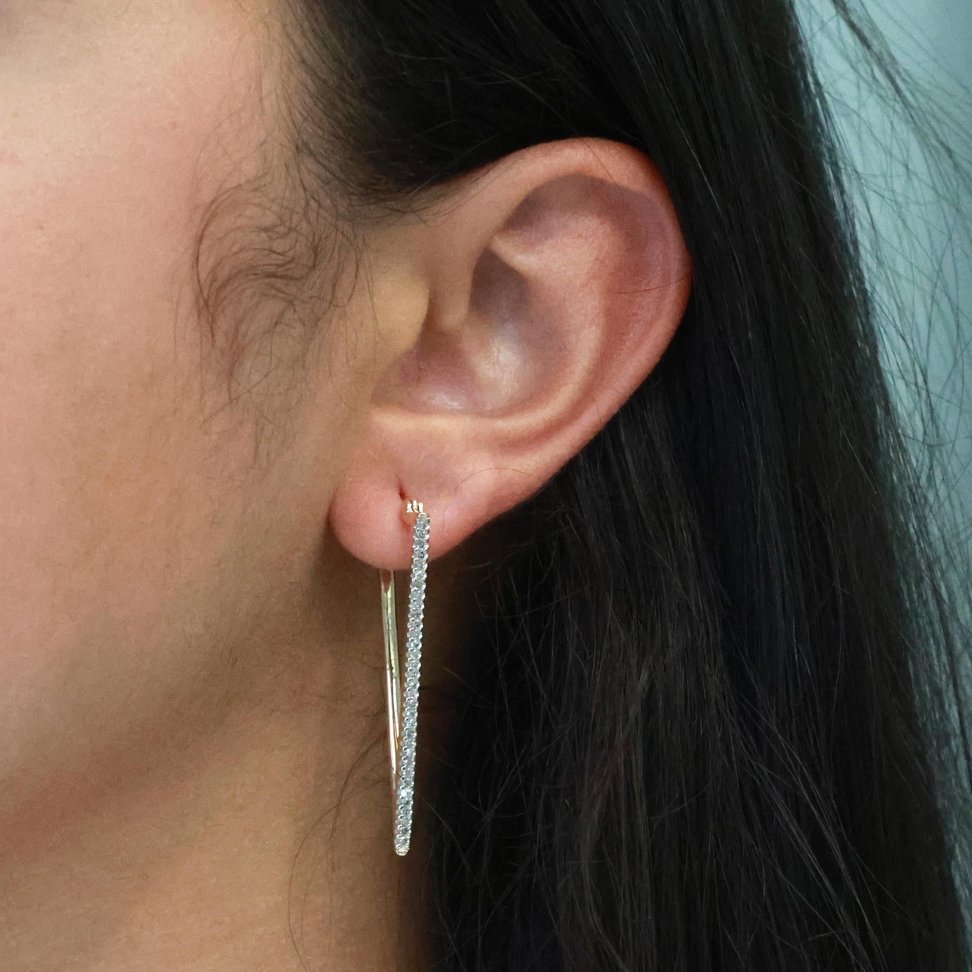 0.35 TW Diamond Triangular Hoop Earrings 10K Yellow Gold 1.65" Contemporary