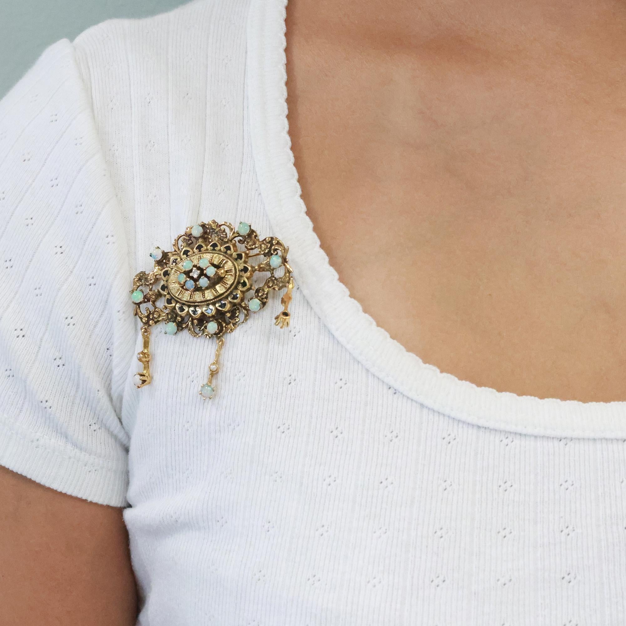 Vintage Opal Diamond Pearl Enamel Brooch Pin Pendant 14K Gold 2" Estate