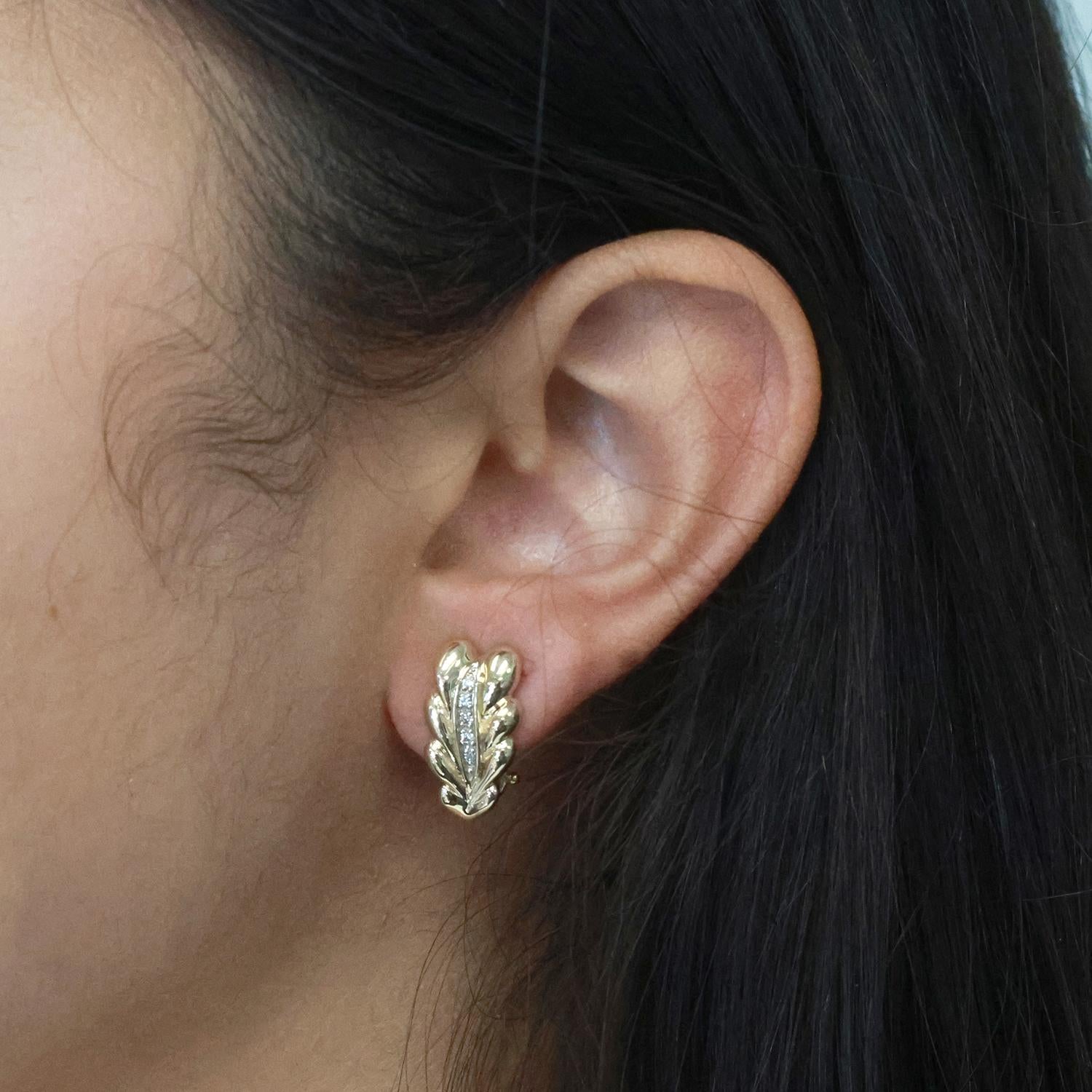 Diamond Floral J Hoop Earrings 14K Yellow Gold 0.12 TW Omega Backs 0.50" Ladies
