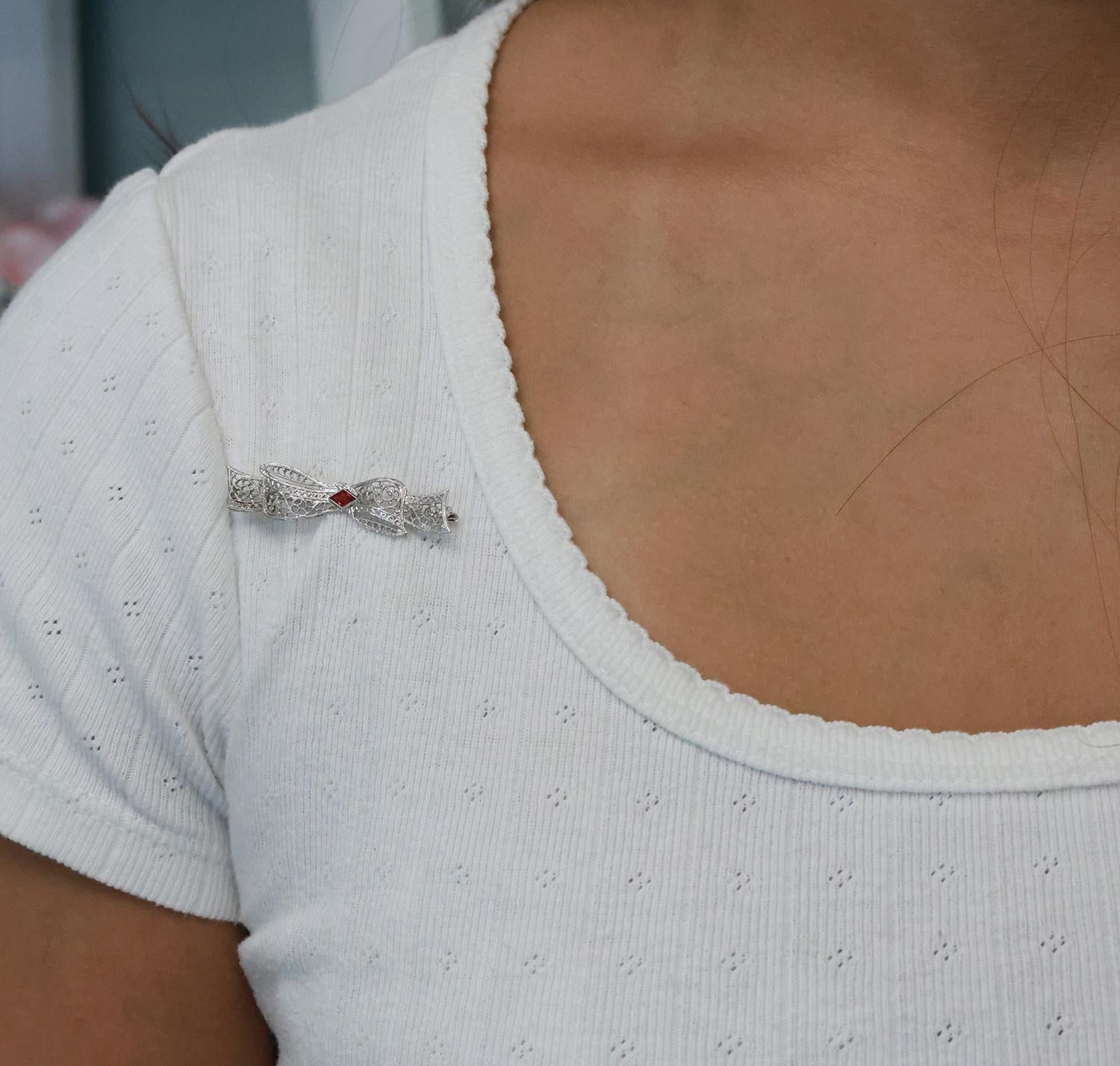 Vintage Ruby Filigree Bow Brooch Pin 10K White Gold 0.16 TW Ladies Estate