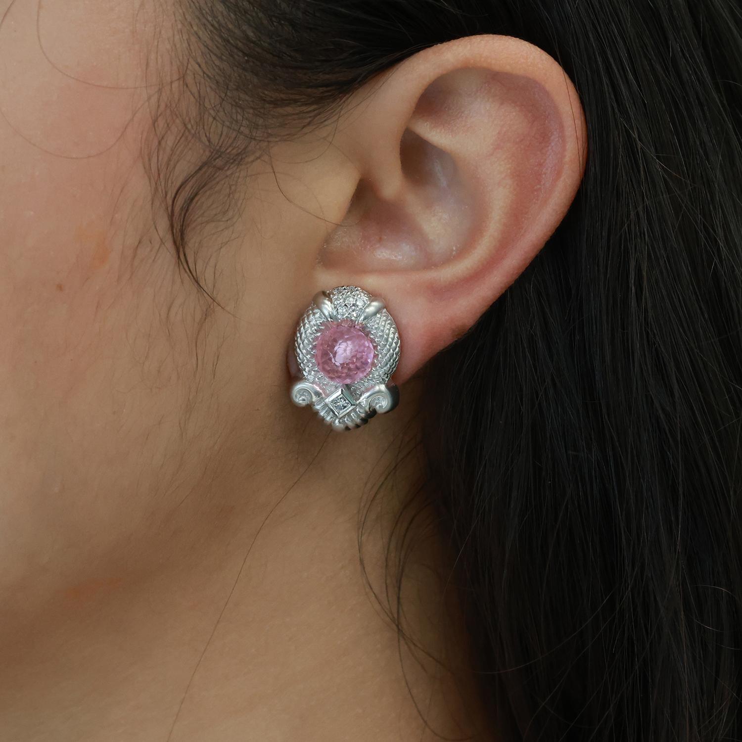 Judith Ripka Pink Topaz Diamond Earrings 18K White Gold Omega Backs 0.45"
