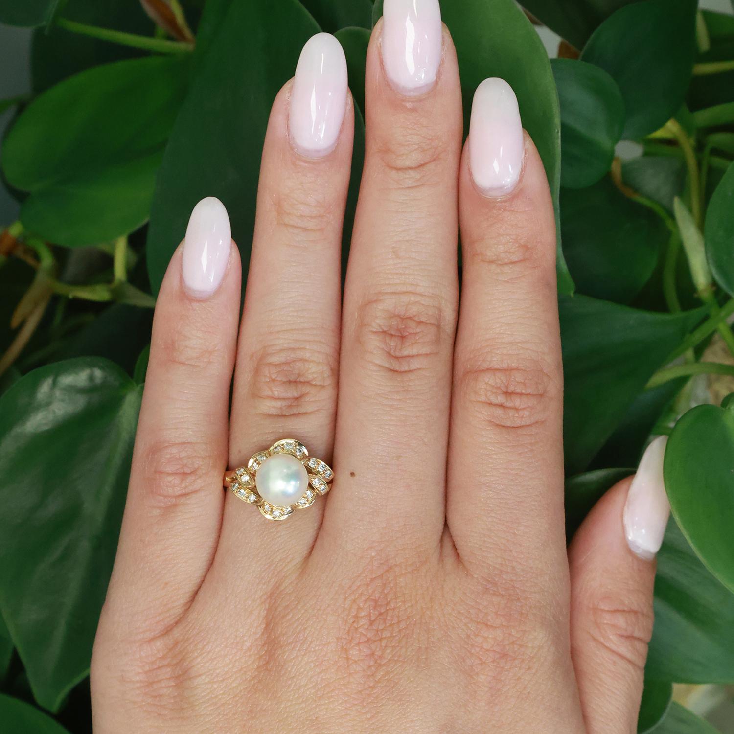 Mikimoto Akoya Pearl Diamond Cocktail Ring 18K Yellow Gold Floral Size 6.5