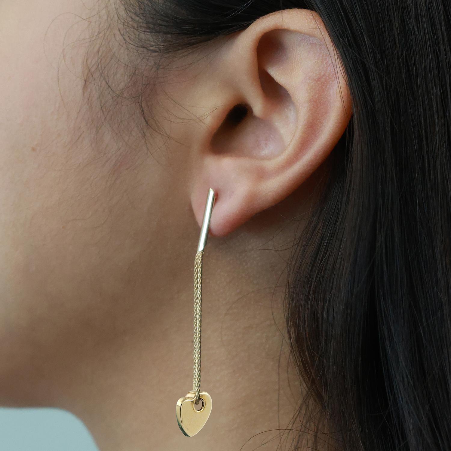 Drop Dangle Heart Earrings 14K Yellow Gold Chain Link 2.20" Ladies Estate