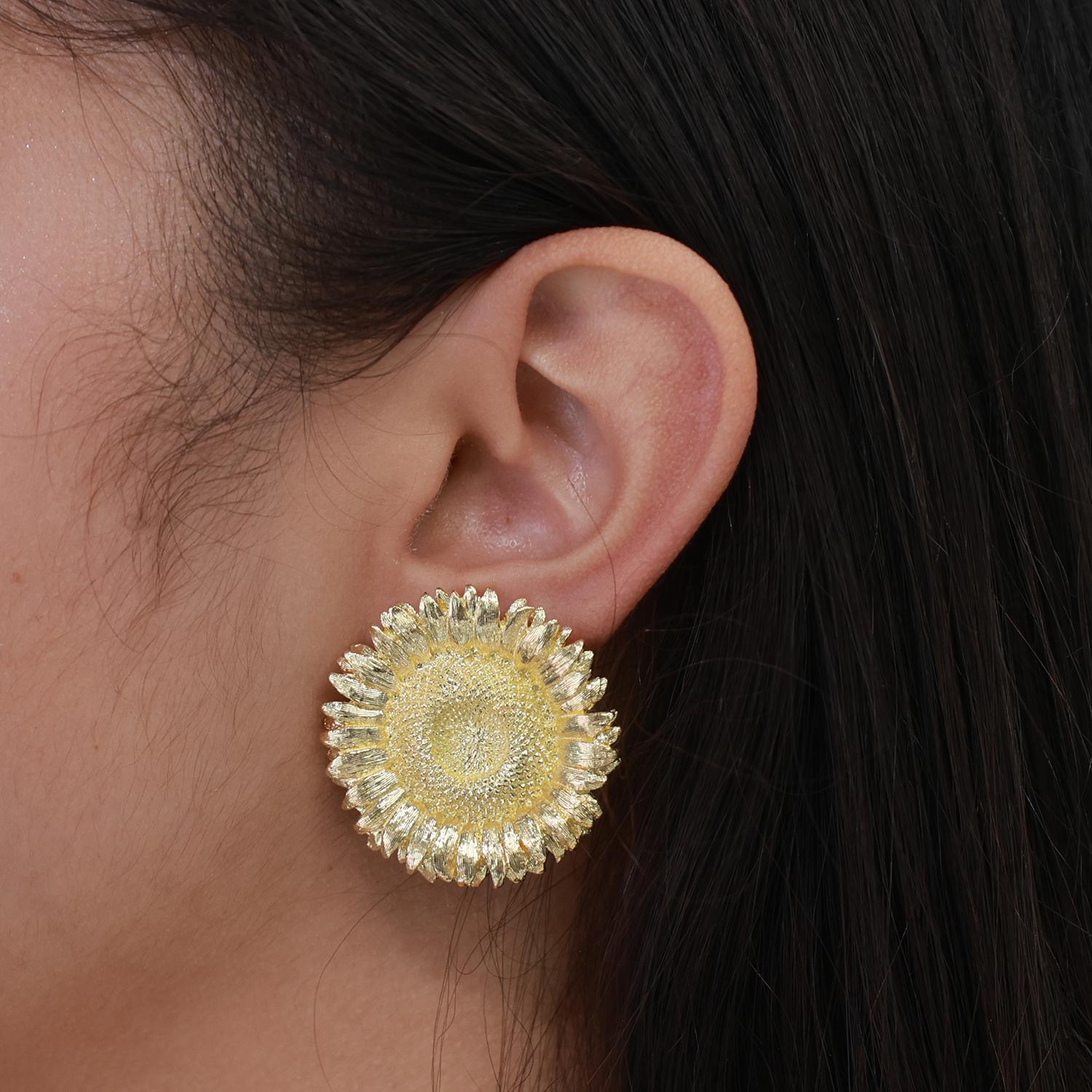 Robert Bruce Bielka Sunflower Earrings Clip On 18K Yellow Gold 1.30" Ladies