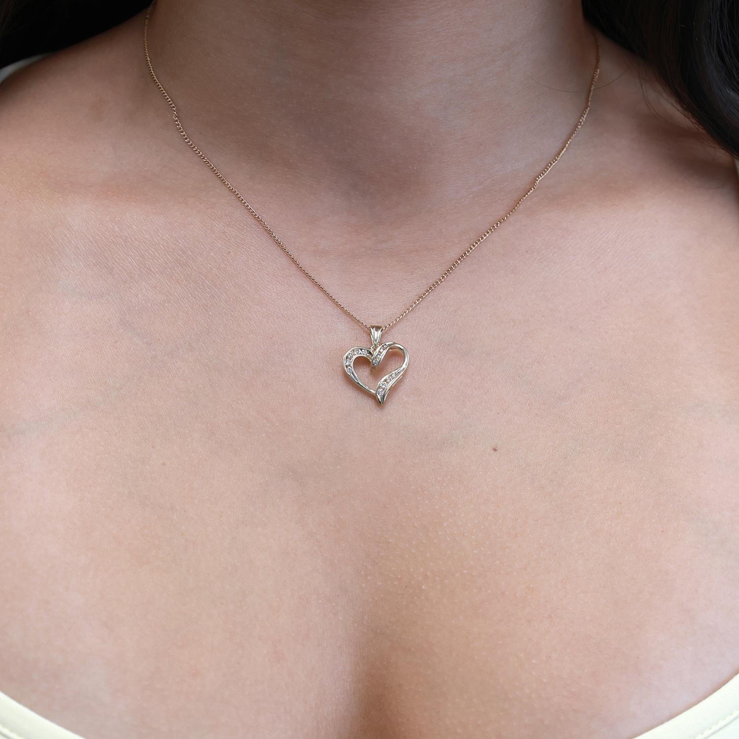 Diamond Open Heart Pendant 10K Yellow Gold 0.13 TW Channel Set 0.80" Ladies