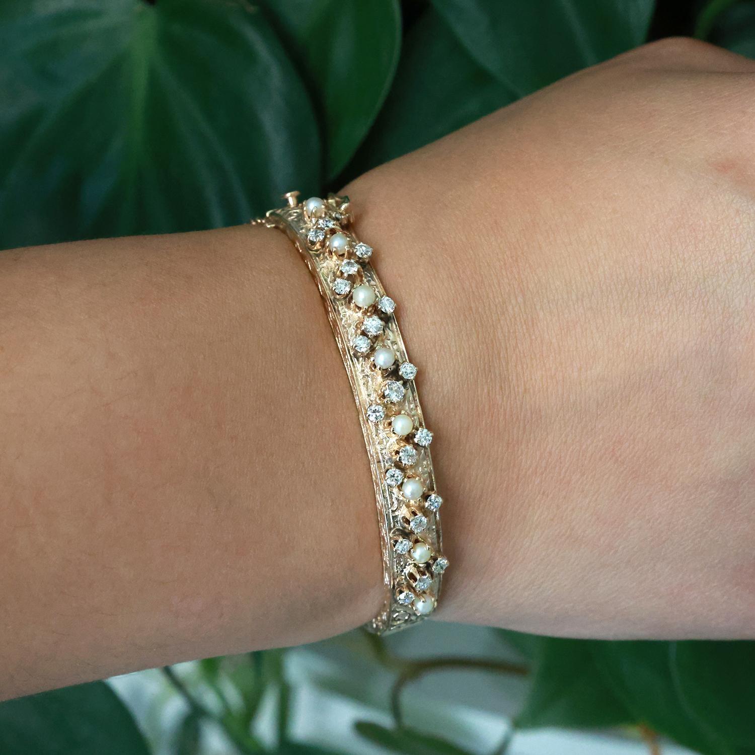 Vintage Cultured Akoya Pearl Diamond Bangle 14K Yellow Gold 6.25" Ladies Estate