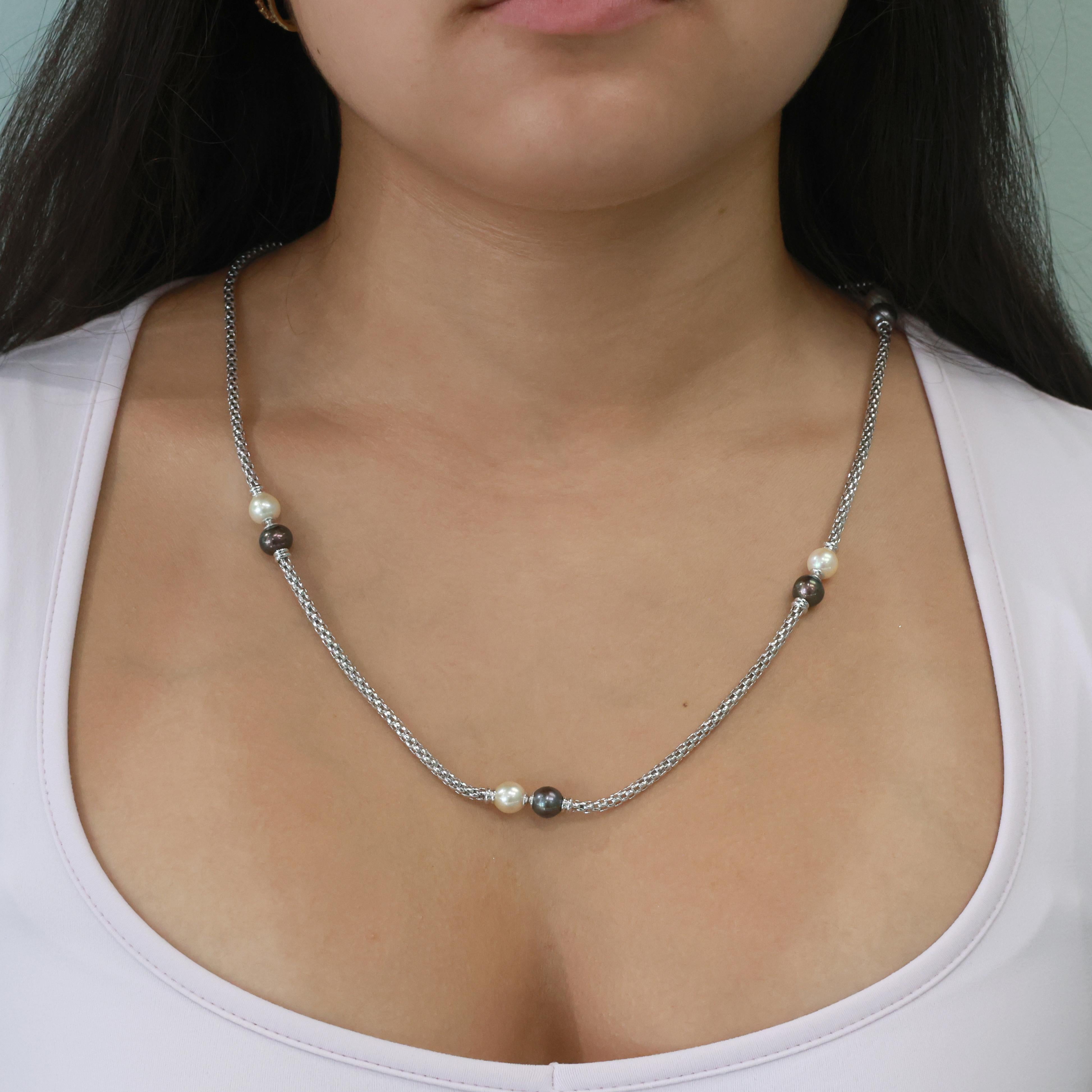 FOPE Cultured Akoya Pearl Station Necklace 18K White Gold 26" Ladies Estate