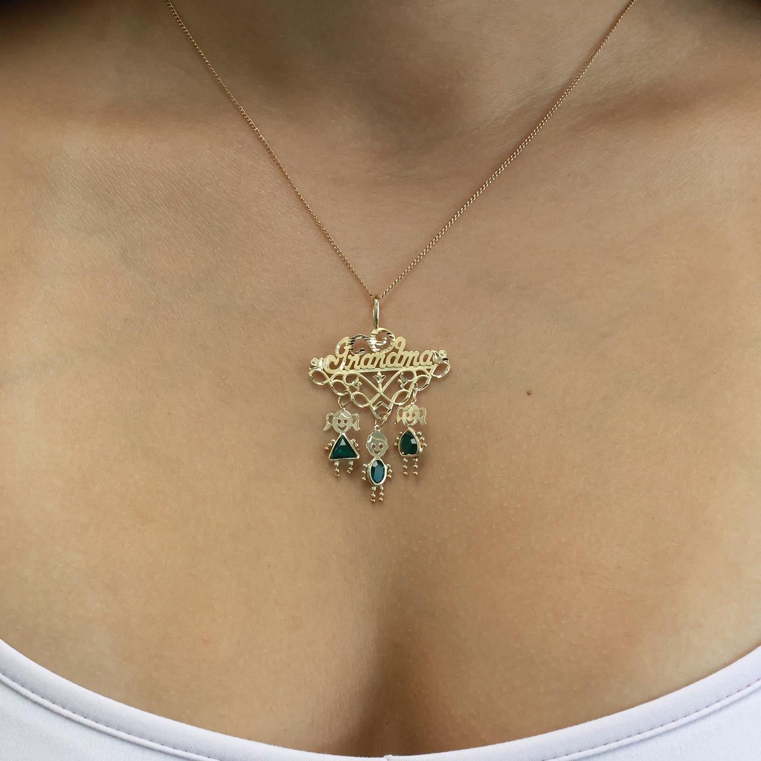 GRANDMA Pendant Charm 3 Dangle Gemstone Kid Charms 14K Yellow Gold 1.95"